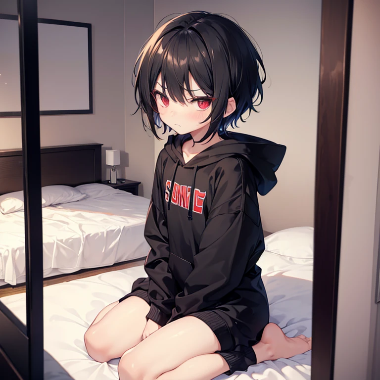 Boy, small body, Slim body, black hair, Short hair, red eyes, looks like a girl, Pouting, Oversized hoodie, Sit in seiza position, Bedroom, bed