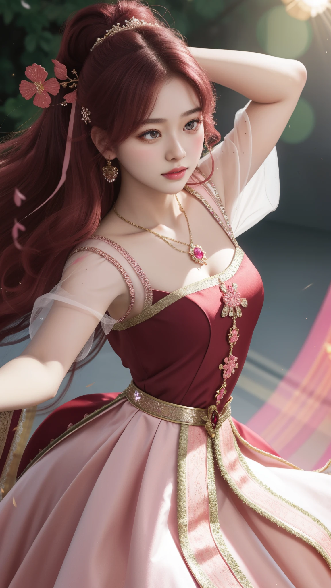 a girl, detailed hair, detailed eyes, shy, facial hair, clover hair ornament, jeweled branch of hourai, jewelry, light blush, light blush, musical note hair ornament, dark red dress, princess dress, red highlight, glowing light, ray tracing, bloom, chromatic aberration abuse, motion blur, 4K, UHD, masterpiece, dancing poses,