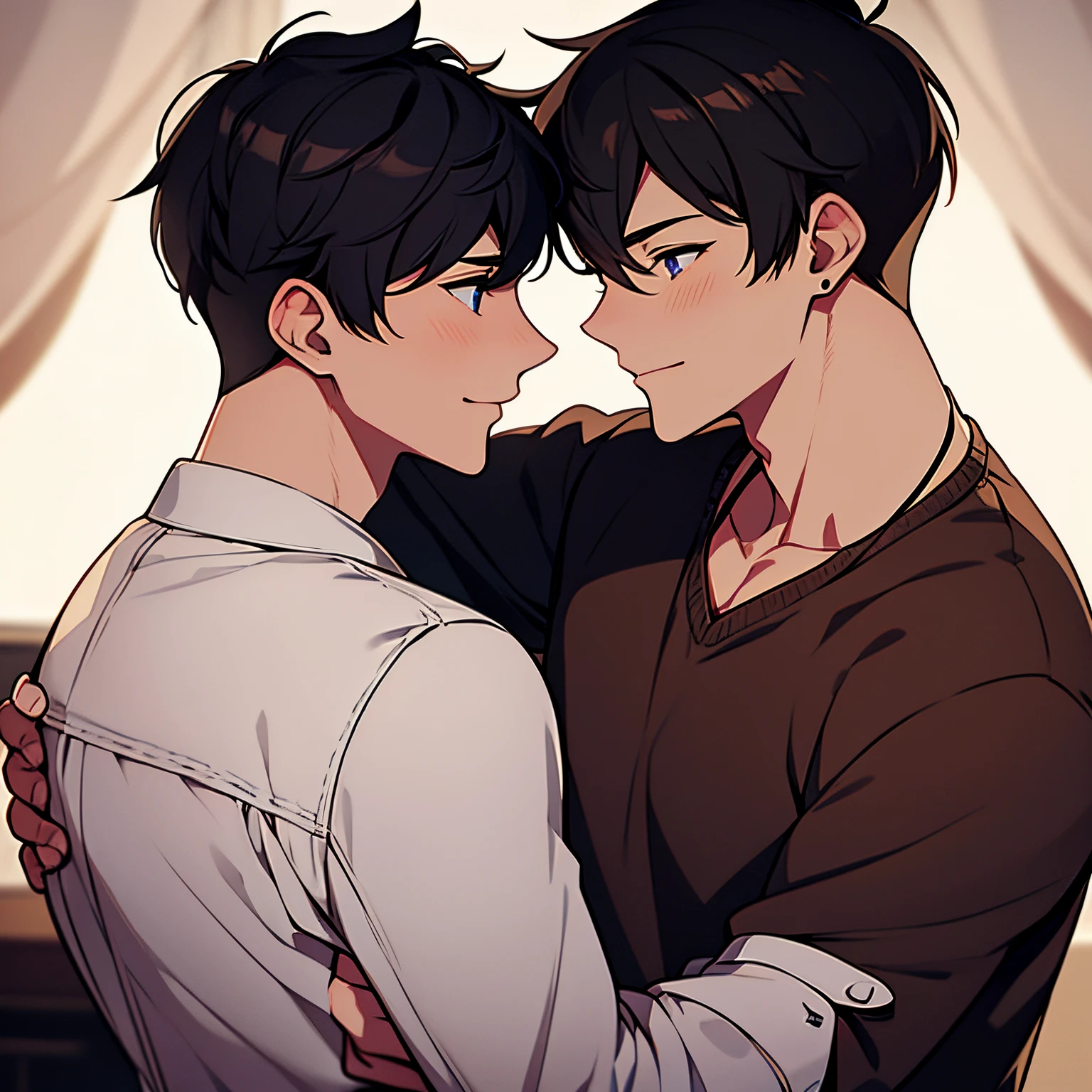 Two handsome guys kissing on the forehead, cute blushing, 
