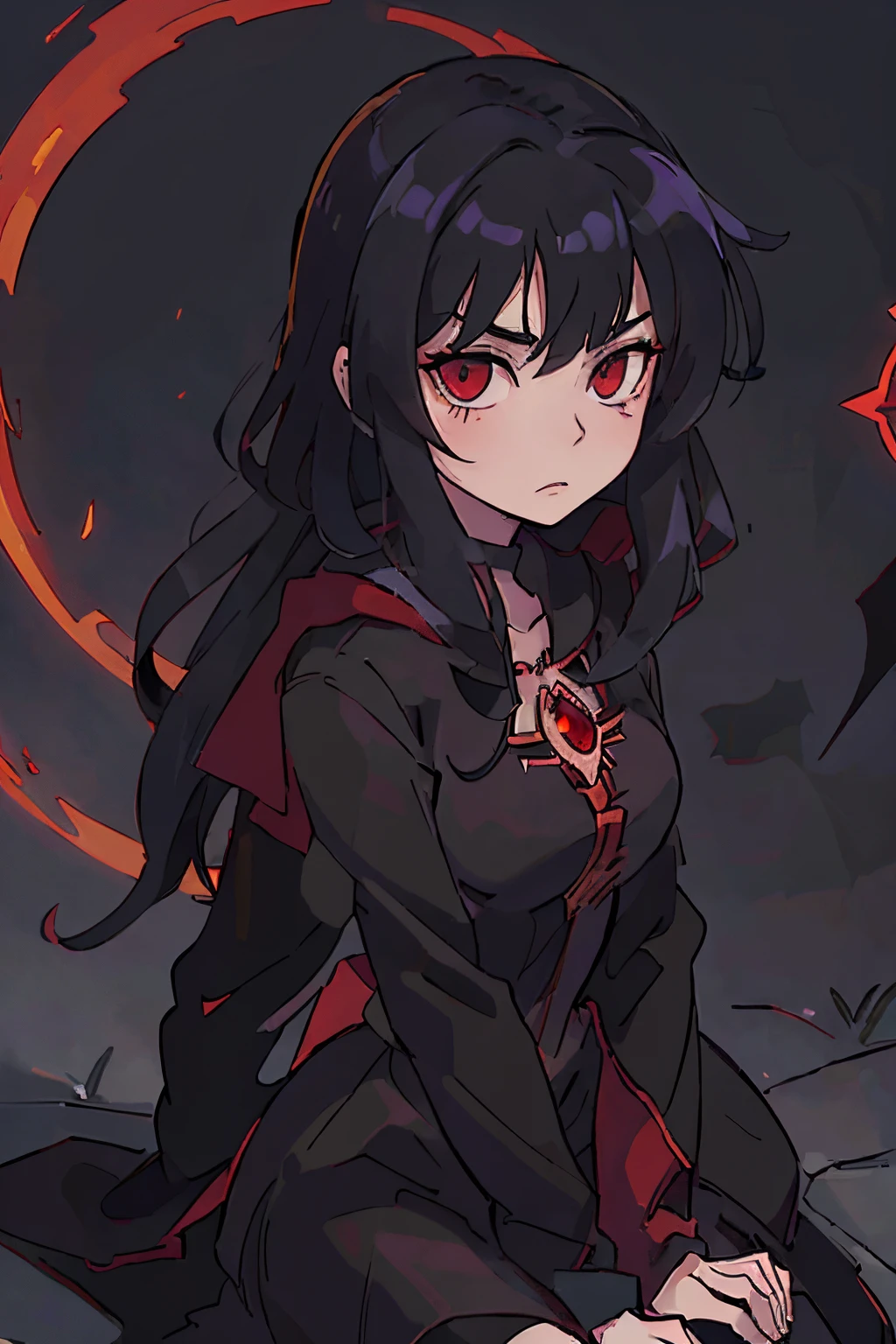 Create the image, anime style, witch, Valtaria, with long black hair and intense red eyes, capable of manipulating shadows and darkness, great skill in black magic.