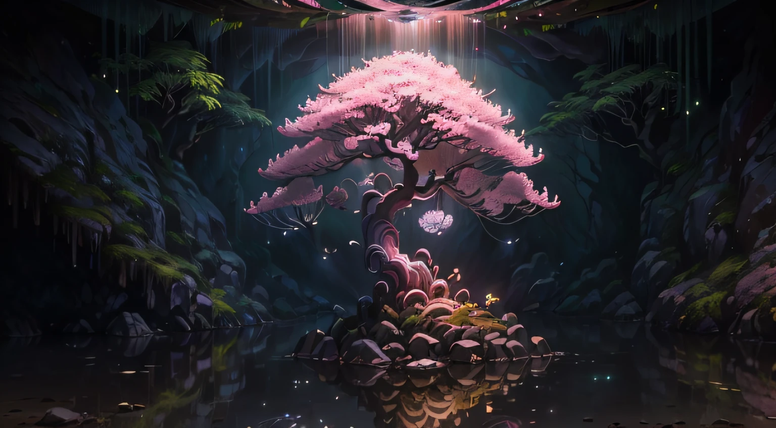 (best quality,4k,8k,Altas,master part:1.2),ultra-detalhado,Realistic, HDR, Mystical cherry blossom tree in a cave, iluminada por um burcaco no teto, magic light, flores brilhosas de poder, cores vibrantes, Cereja, magical ambiance, flores luminosas, mystical glow, Detailed tree branches, ethereal beauty, caverna encantadora, luz solar suave, delicate petals, Estilo de pintura surreal, dreamlike scenery, Hidden oasis, Aura sobrenatural, sereno e tranquilo, Semelhante a um conto de fadas, Cativante e encantador, Cinematic lighting, bright reflections in the water, magic glow from the hole in the ceiling, sombras misteriosas, surreal and magical environment, brilhando com magia, arvore pura, Cinema lighting, foco na arvore iluminada, flores brilhando rosa