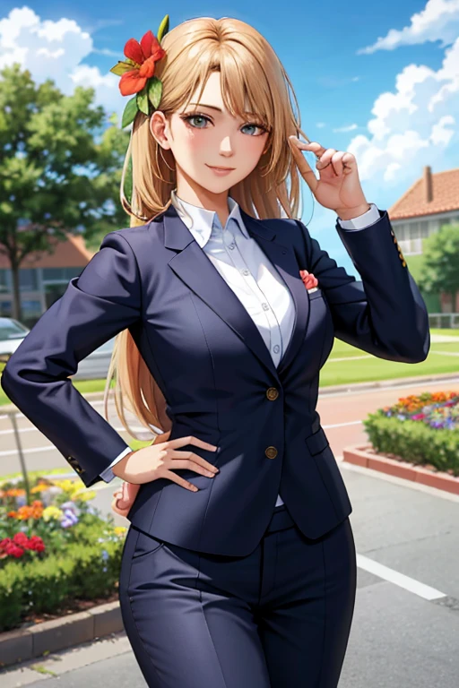 best quality, high resolution, different image, detailed background, woman, medium breasts, random wear, flower, day sky, dutch angle, long throw, shy smile, wearing a business suit