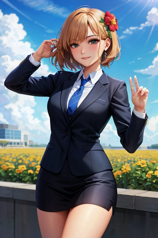 best quality, high resolution, different image, detailed background, woman, medium breasts, random wear, flower, day sky, dutch angle, long throw, shy smile, wearing a business suit