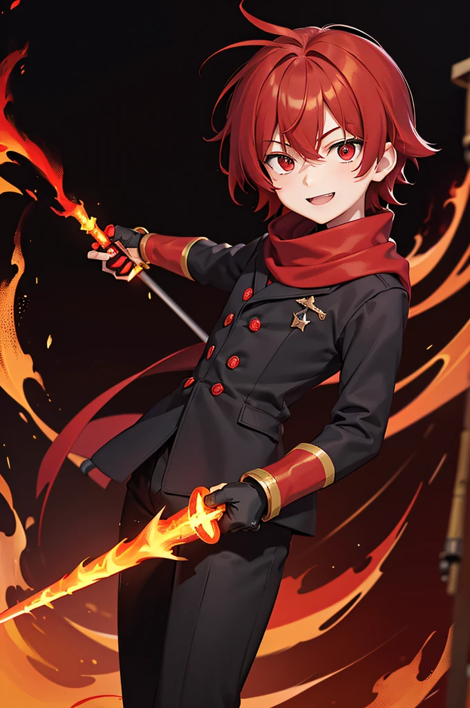 ((masterpiece,bestquality)), young man, Red-Haired, Red-Haired, Tangle short hair, Red Eyes, smile, red long sleeve shirt, Black gloves, Doomsday style, black scarf, black pants, cheerful, Happy expression. Relaxed posture ((The weapon is a fire bat and has a fire aura..)) black red glow effect