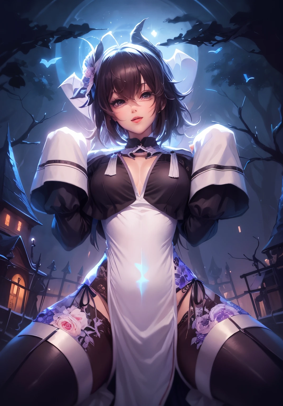 1girl, white maid dress, jewelry, violet hair, flowing hair, short hair, twintails, white maid dress with a short skirt and layers, red laces, red boots, white dress with transparency, gold details on her clothes, cat ears, animal ears, more details, perfectly body, perfectly hands, two hands, two legs, two arms, five fingers, glowing hair, best quality, tiara, cat ears, tail ornament, tail bow, white gloves, two cat tail, alone, maid headdress, choker, detached sleeves, maid dress, maid white dress, strapless, masterpeice, best quality, detailed face, night, asymmetrical gloves, bangs, white short skirt, earrings, elbow gloves, fishnet thighhighs, fishmasterpeice, solo, best quality, detailed face, gloves, hair between eyes, jewelry, looking at viewer, single earring, sky, sleeveless, solo, thigh boots, thighhighs, tongue, tongue out, uneven gloves, solo, alone, Looking at the viewer, More details on the clothes, magenta roses on her hair, space scenery, maid, maid dress, magenta details, magenta roses, maid headdress, maid apron, wave hair, seat on the Saturn rings, more details on her clothes, gold details on her clothes, space, smiling, standing her hand to a viewer, looking at the viewer, in the background a several asteroids glowing with fiery auras, Dramatic lighting from distant stars and planets illuminates the scene, looking at the vast and mysterious universe, cowboy shot, upper body portrait, more details, sparkle,