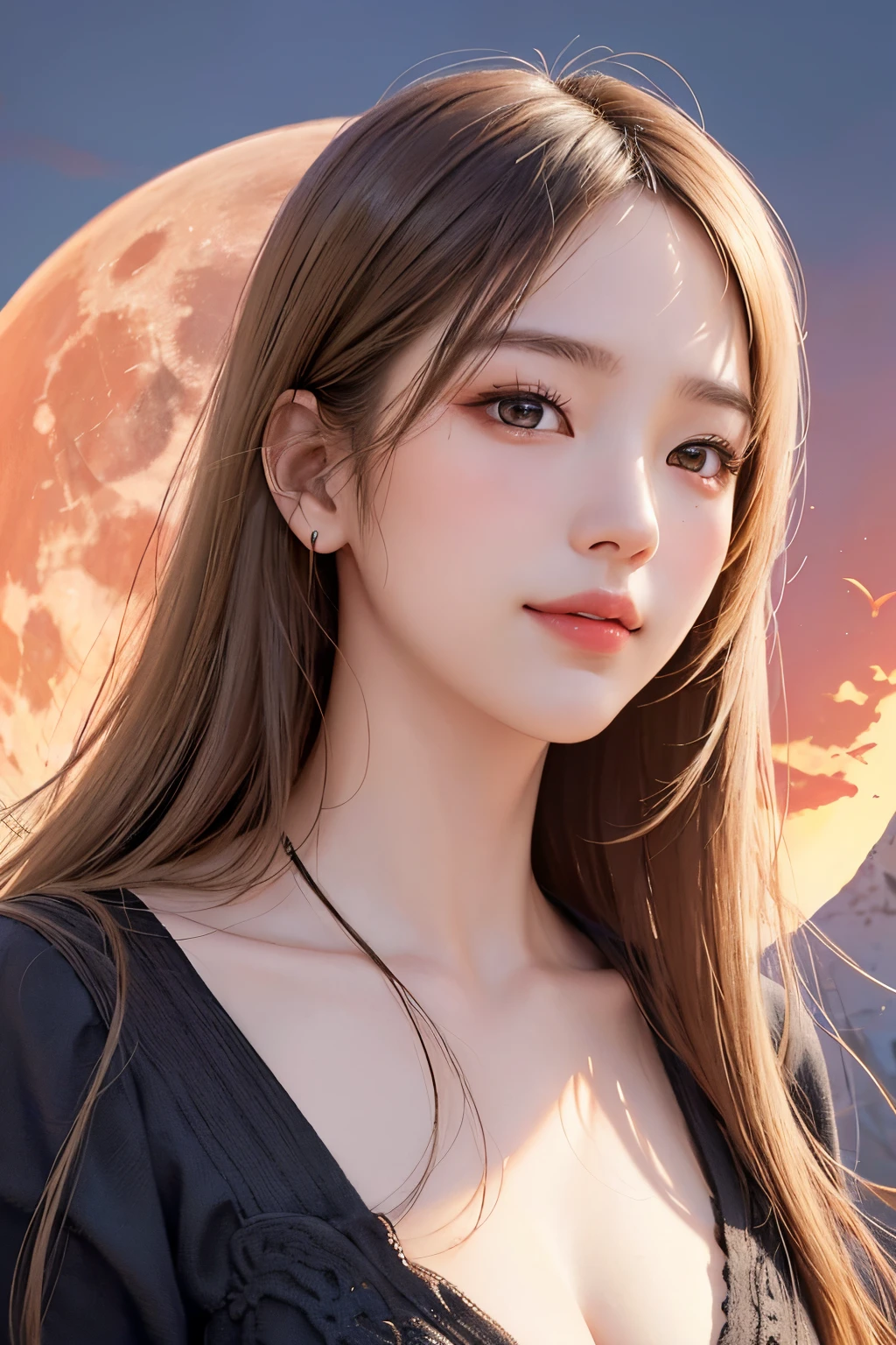 masterpiece, best picture quality, high quality, beautiful girl, Japanese, Japanese school girl, popular Korean makeup, detailed, swollen eyes, detailed eyes, detailed skin, beautiful skin, ultra high resolution, (reality: 1.4), very beautiful, slightly younger face, beautiful skin, slender, (ultra realistic), (illustration), (high resolution), (8K), (highly detailed), (best illustration), (beautifully detailed eyes), (super detailed), (wallpaper), (detailed face), looking at viewer, fine details, detailed face, pureerosfaceace_v1, smiling, looking straight ahead, looking straight ahead, angle from waist up, realistic photo, bright lighting, professional lighting, blonde, long hair, dark abandoned, big red moon, gorgeous red and black dress, mature woman,キスショット・アセロラオリオン・ハートアンダーブレード