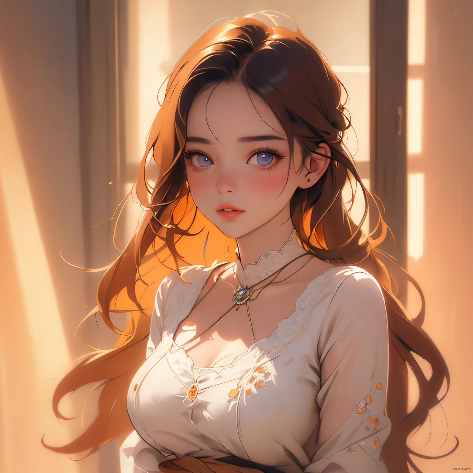 A girl with beautiful detailed eyes and lips, surrounded by soft studio lighting. The image is created with the medium of oil painting, showcasing vivid colors and warm color tones. The girl has medium breasts, adding to the realism and artistic appeal of the artwork. The overall image quality is of the best quality, with realistic details and soft lighting effects.