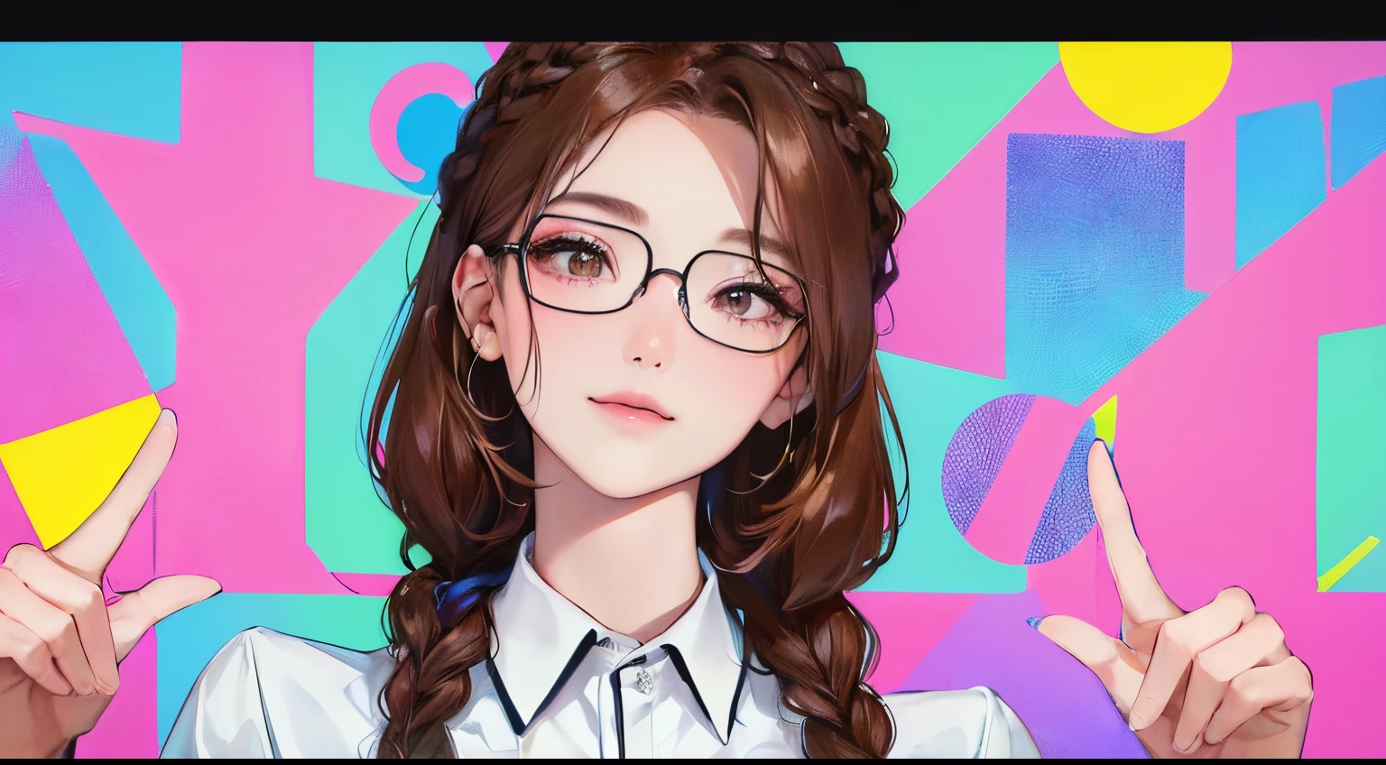 (((1人の女性)))、(Top resolution、Distinct_image) best qualtiy、(((Pop)))、1980s、(Pop and colorful background))、((illuminating))、ighly detailed、Semi-realistic、Brown hair、((makeups)),Braided hairstyle、A smile、Cell Frame Glasses、bangss、20yr old、年轻、((white shirt))、delicated facial features、Facial features、View from below