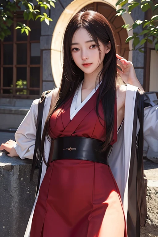 masterpiece, The highest image quality, hightquality, beautiful a girl, japanes, Japan schoolgirl, Popular Korean Makeup, detaileds, Swollen eyes, A detailed eye, Detailed skin, Beautiful skins, 超A high resolution, (现实:1.4), very extremely beautiful, Slightly younger face, Beautiful skins, slender, (A hyper-realistic), (illustratio), (hight resolution), (8K), (ighly detailed), (The best illustrations), (beautifully detailed eyes), (ultra-detailliert), (wall-paper), (详细的脸), looking at the viewers, finely detail、A detailed face、pureerosfaceace_v1、a smile、Looking straight ahead、Looking straight ahead、angle from waist up、photos realistic、Bright lighting、profetional lighting、bionde、length hair、Dark abandonment、Big Red Moon、Gorgeous red and black dress、A MILF、