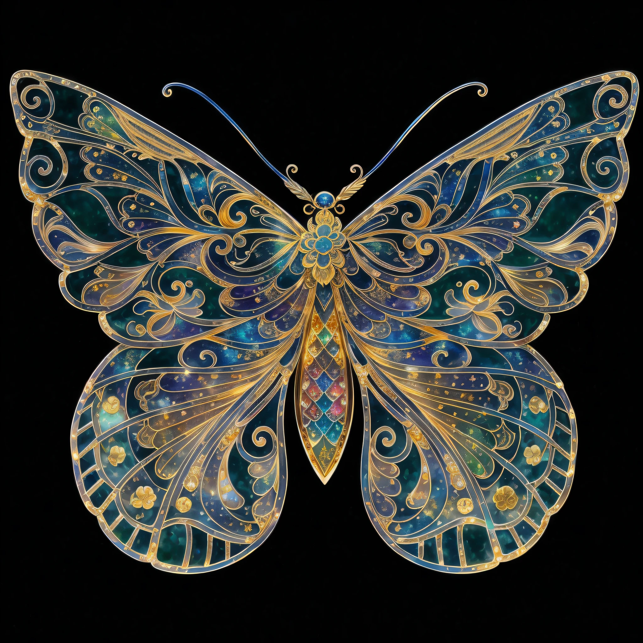 Rainbow color, flying insect, scale, wing, blue, textured, complex, gorgeous, shadow, light pastel color, highly detailed, decorative style, Tim Burton, Dale Chihuli, Xiaolongcheng, Cyril Rolando, author hour gigue, bright gold, rainbow gold leaf, gold dust, sparkle, diamond, crystal, rainbow, gold dust, gold leaf, bright gold, universe, milky way, starry sky, (traditional Chinese color matching, Traditional Chinese patterns: 1.5), Baoxiang flowers, William Morris, (gold lace, and detailed details, masterpieces, gold artwork: 1.5)