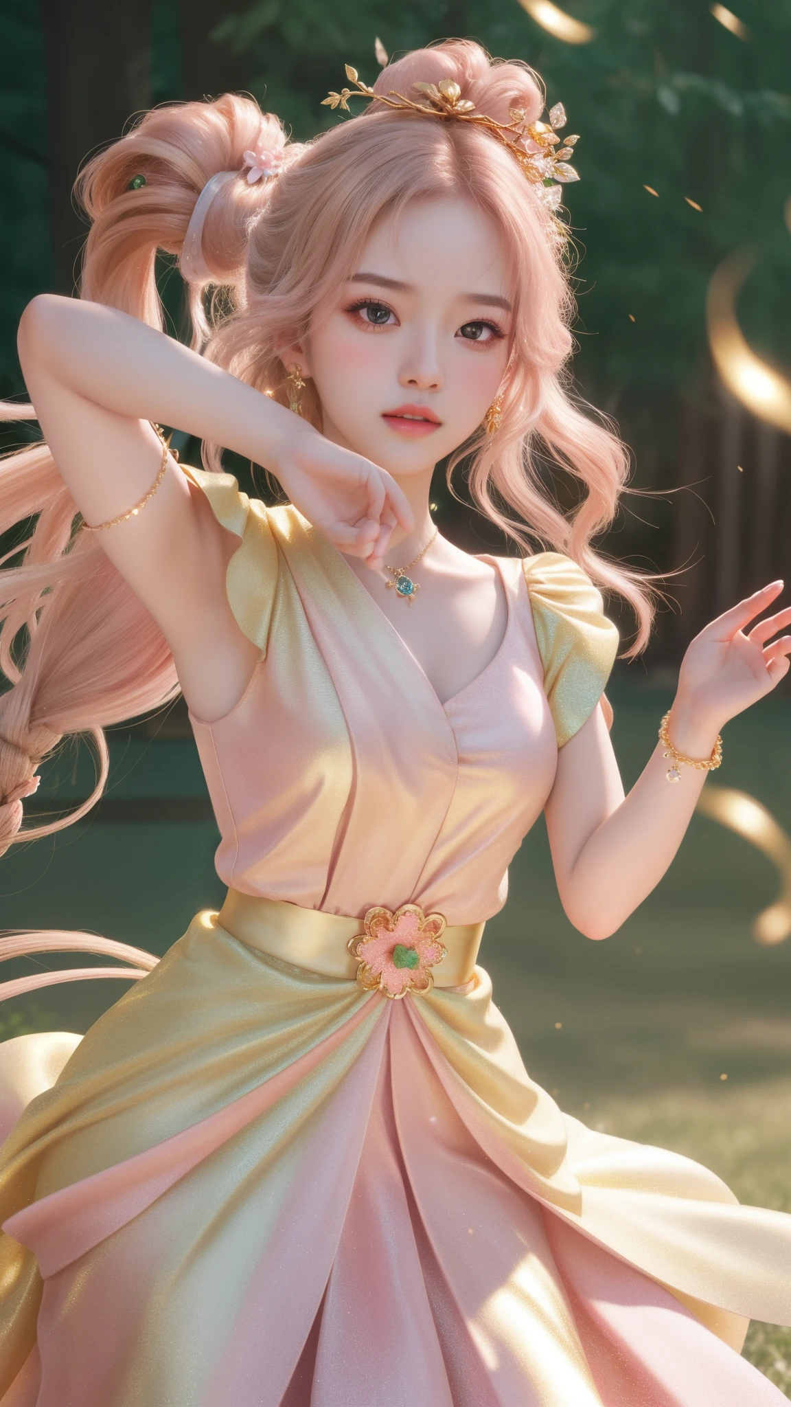 a girl, detailed hair, detailed eyes, shy, facial hair, clover hair ornament, jeweled branch of hourai, jewelry, light blush, light blush, musical note hair ornament, golden dress, princess dress, golden highlight, glowing light, ray tracing, bloom, chromatic aberration abuse, motion blur, 4K, UHD, masterpiece, dancing poses,