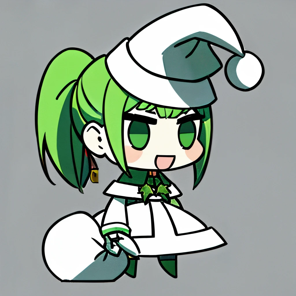 (masterpiece:1.2), (pale skin:1.2), (solo:1.2), (female:1.1), (emphasis lines:1.3), simple background, green hair, ponytail, green eyes, (holding a bag), smile, santa hat