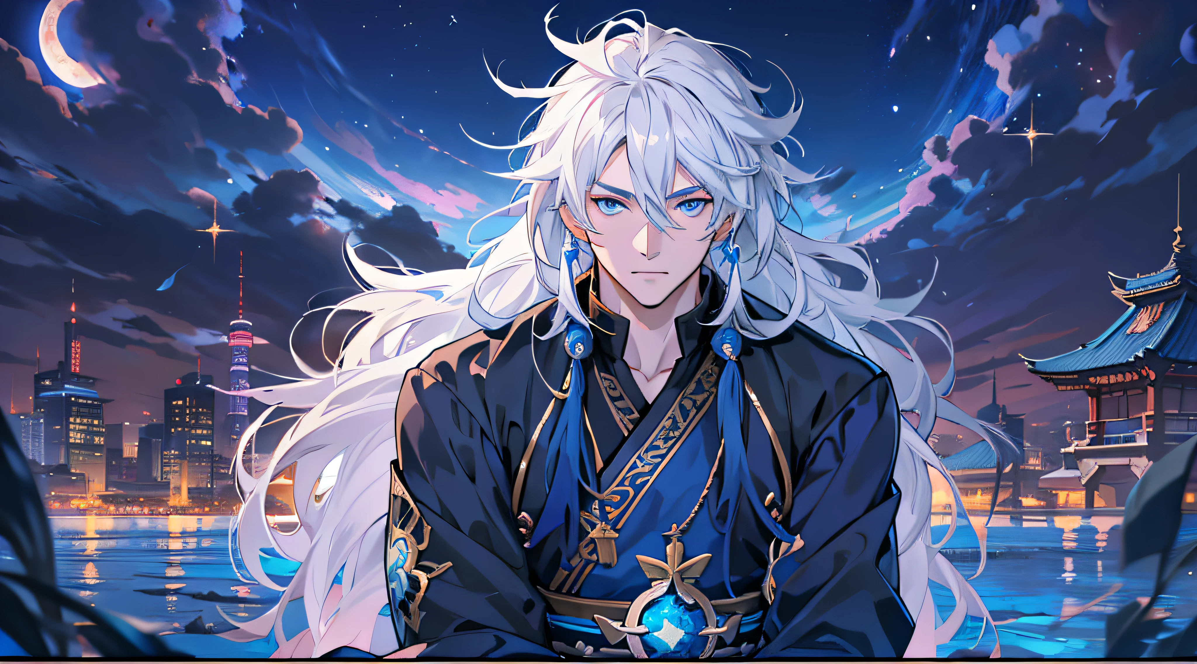 Anime man with white hair and blue eyes, Portrait of a knight of the zodiac, Sky blue. detailed hair, white-haired god, Clear cosplay portrait, detailed digital anime art, onmyoji detailed art, Detailed anime character art, Genshin impact's character, Black and blue shirt, Black Suite, sportrait, sat on the ground, naturey, As estrelas, themoon, 城市, Eau, Honkai Impact Characters,