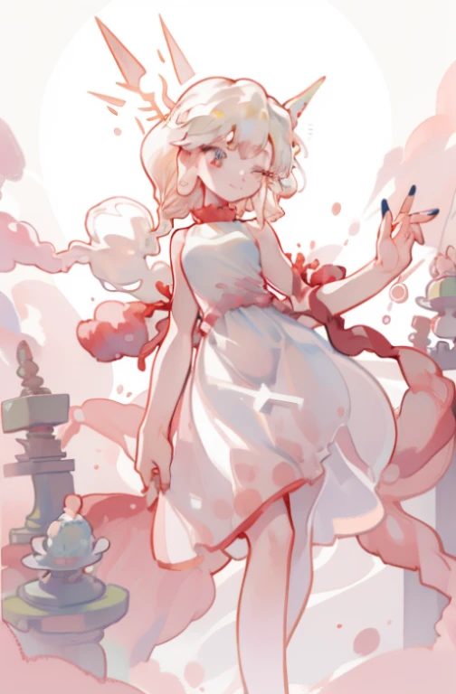 Best quality,Super sharp focus,8K,Manhwa Style,Watercolor illustration,Vibrant and lively colors,outside the box,glowing lamps,ethereal liquid,Perfectly symmetrical face shape,the golden ratio,The eyes are bright,Watercolor effect,fluid lighting,(bare-legged),one eye closed,simple backgound,abstract backgrounds,(Best quality:1.1),A new art style,Shown in,Girl with yellow hair,Short hair details,Jewel-like eyes and long transparent eyelashes,A very beautiful girl,Anime manga girl,Inspired by Reiko Izumi,Takano Ayane’s color style,dragon queen art style,Tsundere personality,Radiant hair,(white color hair,Dark-skinned women,White top,White dress,The barefoot,red color eyes,Long earlobes,Grinning,Stone background,Liquid background,red lace,There is a pile of stones around,stone in hand,feeling of lightness,)