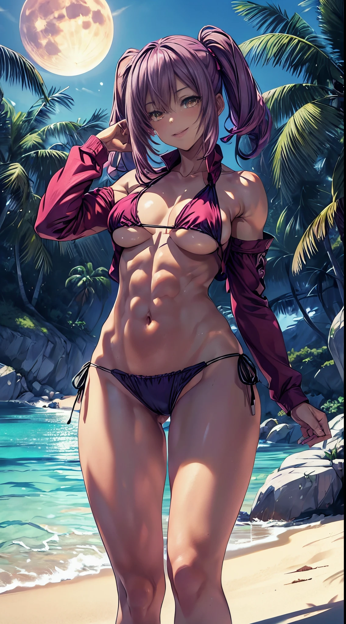 1 girl, (medium breasts))), (((wearing short bikini))), (magenta hair), (((bright yellow eyes))), slim arms, (on the beach at night with starry sky and full moon blood), (slim waist), (((muscular legs))), muscular belly, bare feet, (((showing big ass and looking down))), (full body photo), standing, (twintails ), long eyes, eye flare, bad mood, anime, anime style, ray tracing, glare, drop shadow, panorama, Sony FE, 8k, UDisk, masterpiece, accurate, anatomically correct, Super Detail, best quality, ultra high resolution, UDisk hard, 16k