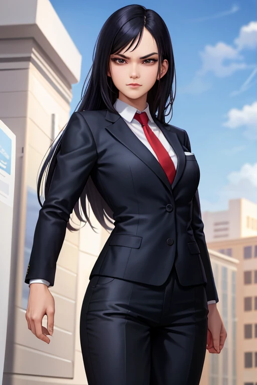 best quality, high resolution, different image, detailed background, woman, medium breasts, random wear, long black hair, office, dutch angle, long release, arrogant serious look, wearing a business suit