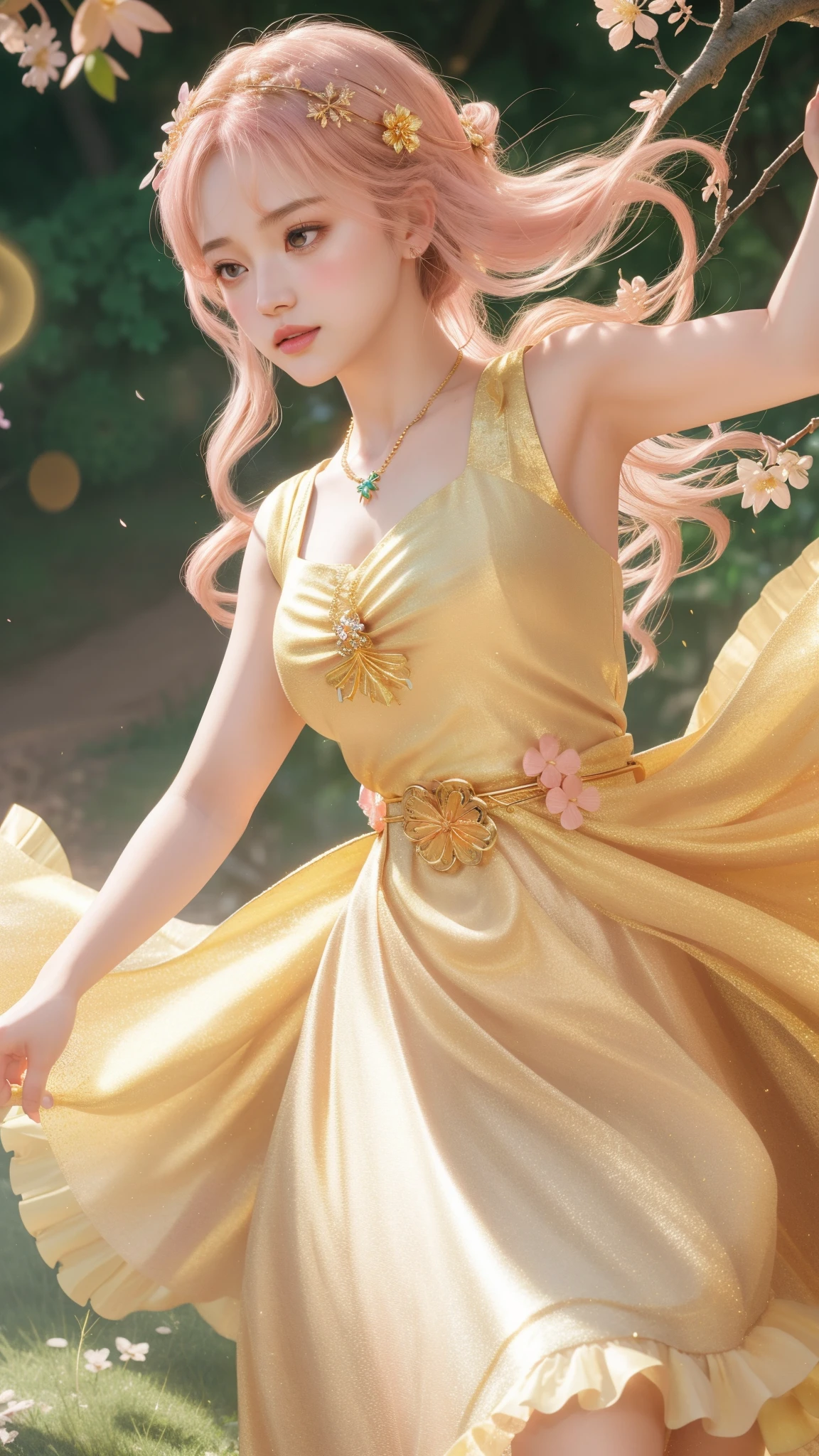 a girl, detailed hair, detailed eyes, shy, facial hair, clover hair ornament, jeweled branch of hourai, jewelry, light blush, light blush, musical note hair ornament, golden dress, princess dress, golden highlight, glowing light, ray tracing, bloom, chromatic aberration abuse, motion blur, 4K, UHD, masterpiece, dancing poses,