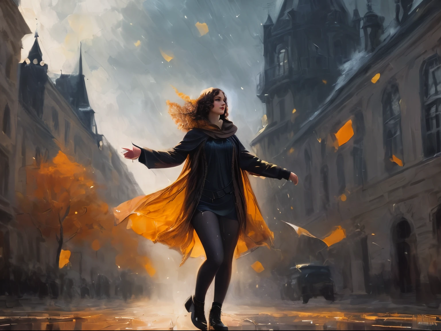 mysterious young woman,(fashion 1930, our outfit, cloak, 1930 year:1.3), ( Seduction Smile),(brown hair, curly hair, 1930 hairstyle, Green eyes, Noir Detective), she looks into the depth of emotions of human connections, thoughts are insanely detailed...