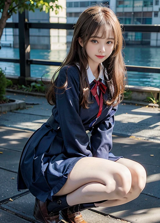 ((Dark blue socks)) Put your hands on your knees ((Brown loafers)a blond、((I can see panties.))(Squatting panty shots)Single eyelid Eye of the cut beatiful detailed eyes、ultra-detailliert、hight resolution、Transcendent beauty top-quality、masterpiece、、(Japanese girls' high school uniform))、Very detailed expression School Classroom Transcendental Beauty 28-year-old girl、((dynamicposes)))、(Sitting on legs with bent knees))、pleatedskirt、Ribbon 1,2 sexy smiles high-angle