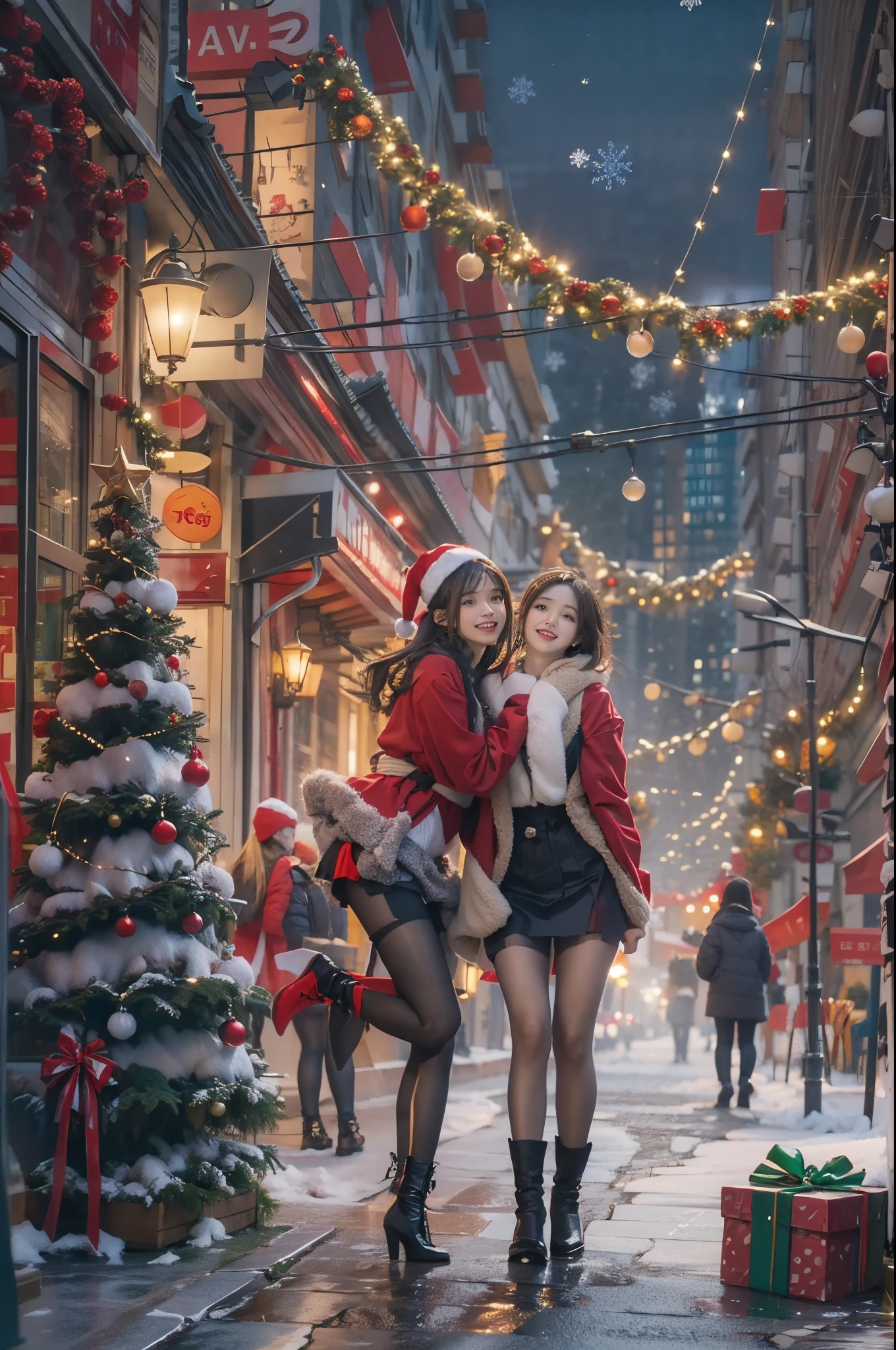 In the gorgeous cityscape on Christmas night, Imagine a brunette woman around 28 years old.........., My hair is unkempt、She is wearing a Santa-style miniskirt and black tights.。.。.。.。.。.。.。.。.。.. Her bright smile conveys the joy of handing out presents to viewers........... The color palette should primarily feature red and green, Express your vibrant holiday spirit.