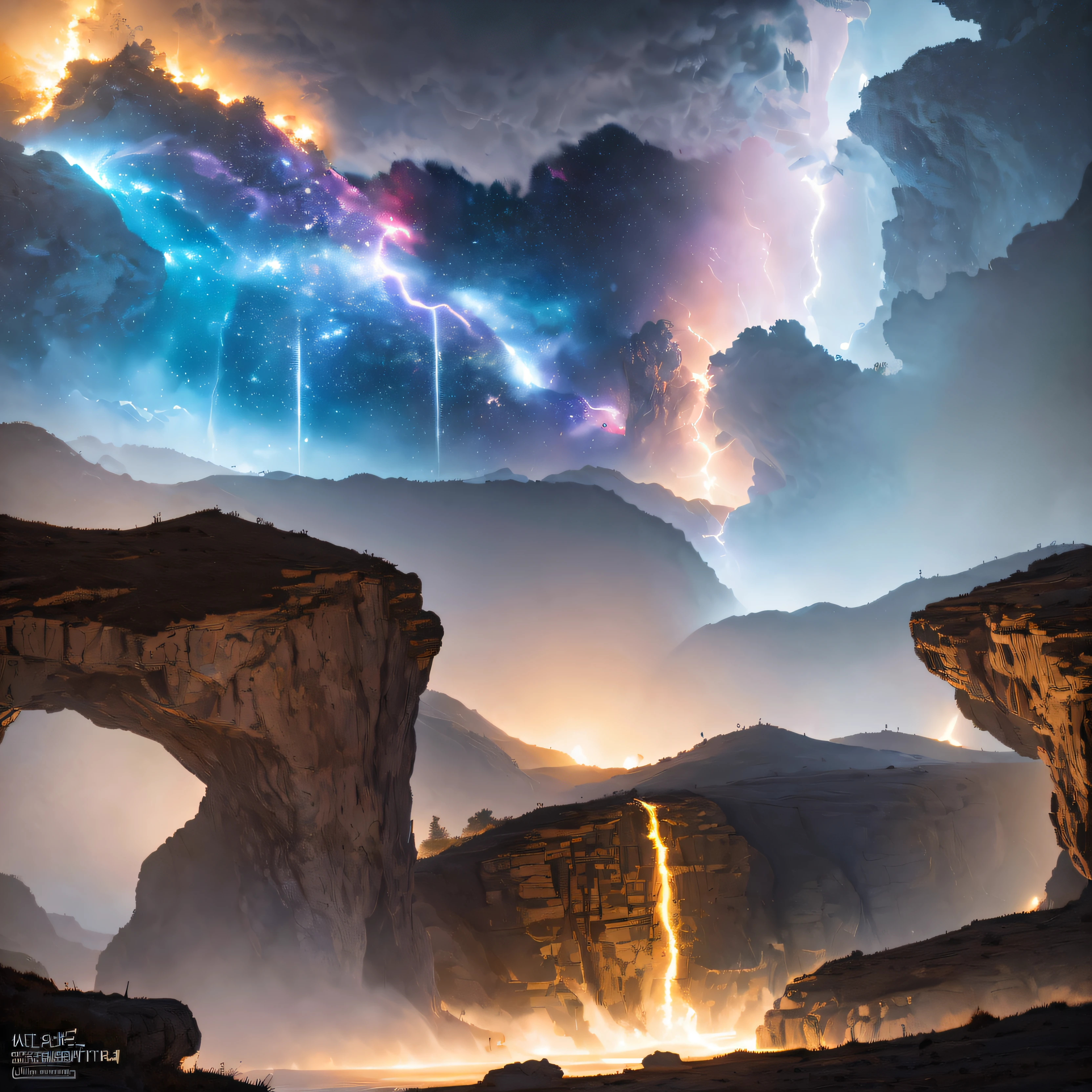 ((Ultra-realistic and detailed.The astronaut) (tmasterpiece, top-quality, Best quality at best, offcial art, Beauty and aesthetics: 1.2), The is very detailed, Colorful, Most detailed, branch, The astronaut, (Maz)The astronaut(canyons), (Linen future space suit), Angry fighting stance, looking at the ground, Batik linen bandana, Crane pattern long-sleeved garment, Astronaut Canyon(Abstract propylene splash:1.2), Dark clouds lightning background,Sprinkle with gold dust(realistically:1.4),black color hair,Flour fluttering,rainbow background, A high resolution, the detail, RAW photos, sharp re, Nikon D850 film photo by Jefferies Lee 4 Kodak Portra 400 camera F1.6 guns, plethora of colors, Ultra-realistic and vivid textures, dramatic lights, Unreal Engine Art Station Trend, Sinest 800,flowing dark hair,(((Maz)))