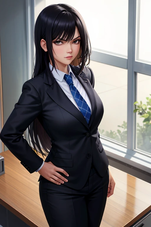 best quality, high resolution, different image, detailed background, woman, medium breasts, random wear, long black hair, inside the office, dutch angle, long release, serious look arrogant, sensual, respectable boss, wearing a business suit