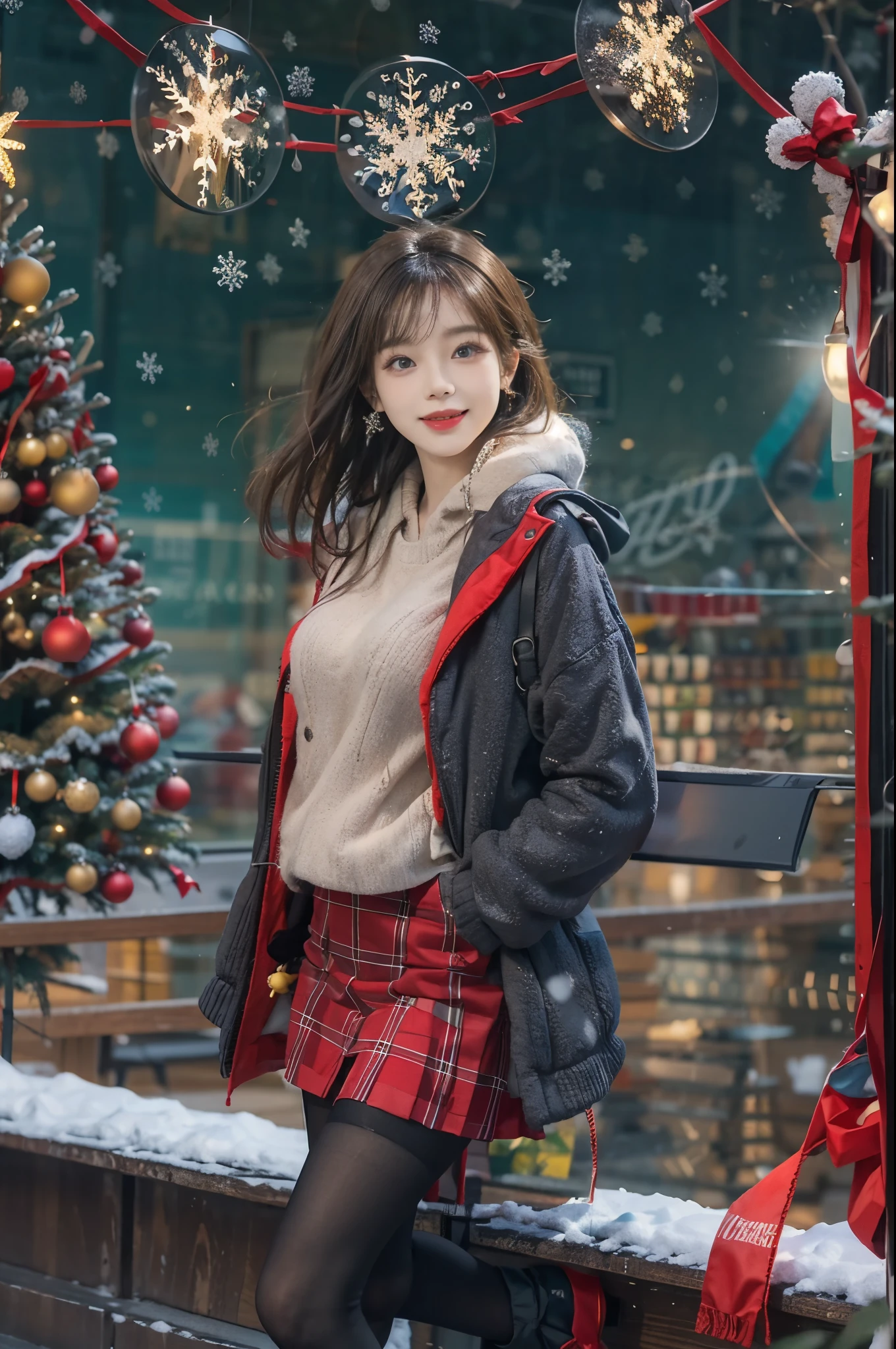 In the gorgeous cityscape on Christmas night, Imagine a brunette woman around 28 years old.........., My hair is unkempt、She is wearing a Santa-style miniskirt and black tights.。.。.。.。.。.。.。.。.。.. Her bright smile conveys the joy of handing out presents to viewers........... The color palette should primarily feature red and green, Express your vibrant holiday spirit.