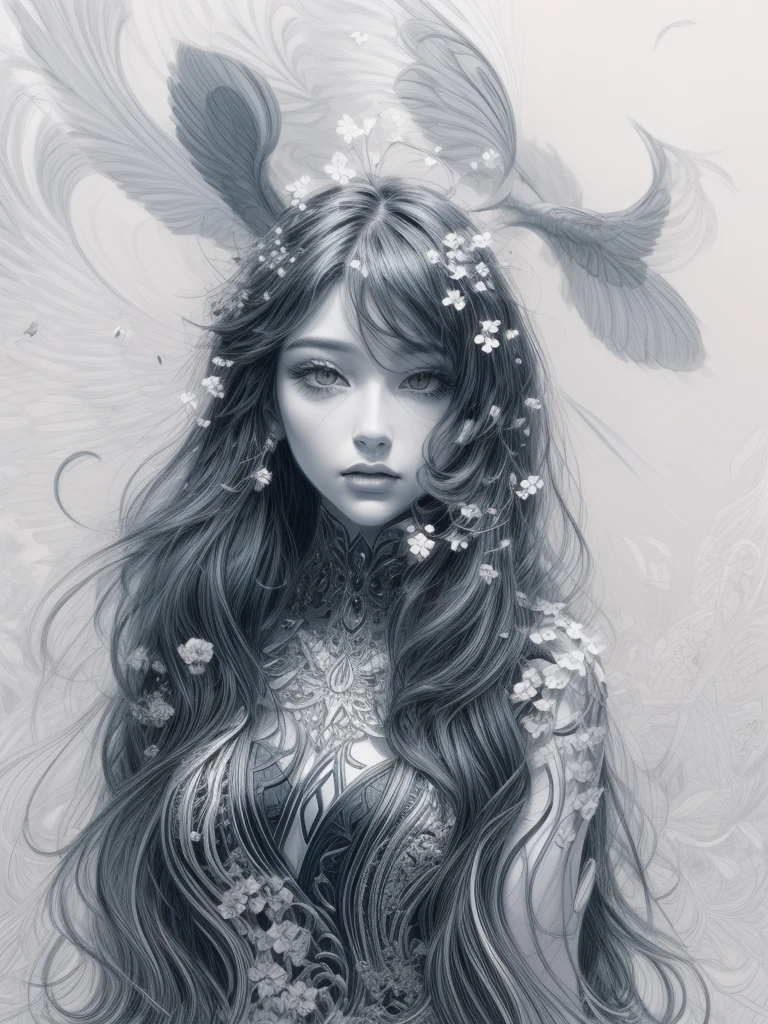 drawing of a fairy with a flower in her hand, Beautiful line art, Pure lineart, line art!!, Coloring line graphics, extremely fine ink lineart, lineart, Exquisite Line Art, perfect lineart, LineArt Behance HD, line art, Black & White Line Graphics, detailed line art, Intensive line graphics, Intricate lineart, Contour graphics