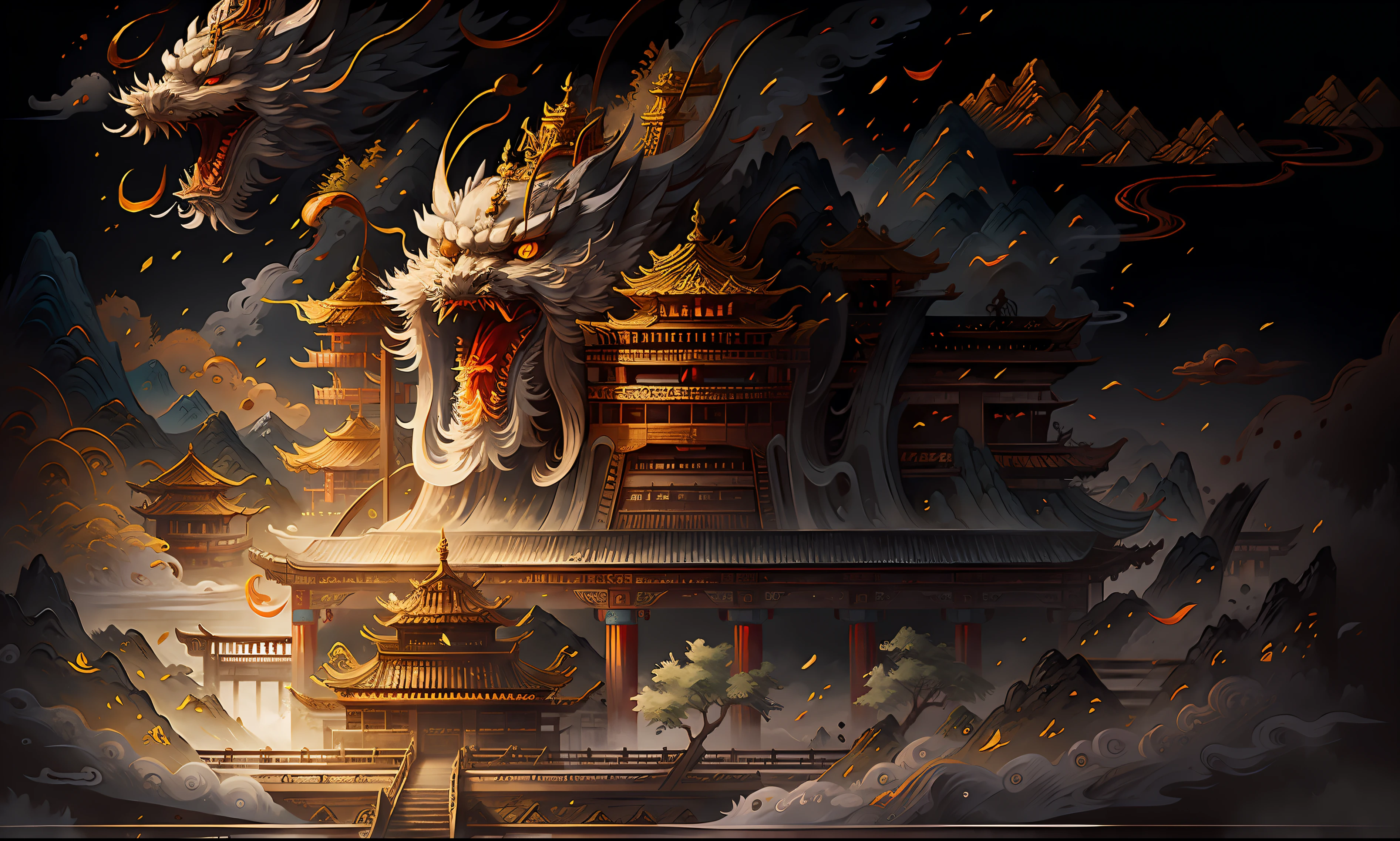 Ancient Chinese scenery, mountains, rivers, auspicious clouds, pavilions, sunshine, masterpieces, super detail, epic composition, Ultra HD, high quality, extremely detailed, official art, unified 8k wallpaper, Super detail, 32k -- v 6