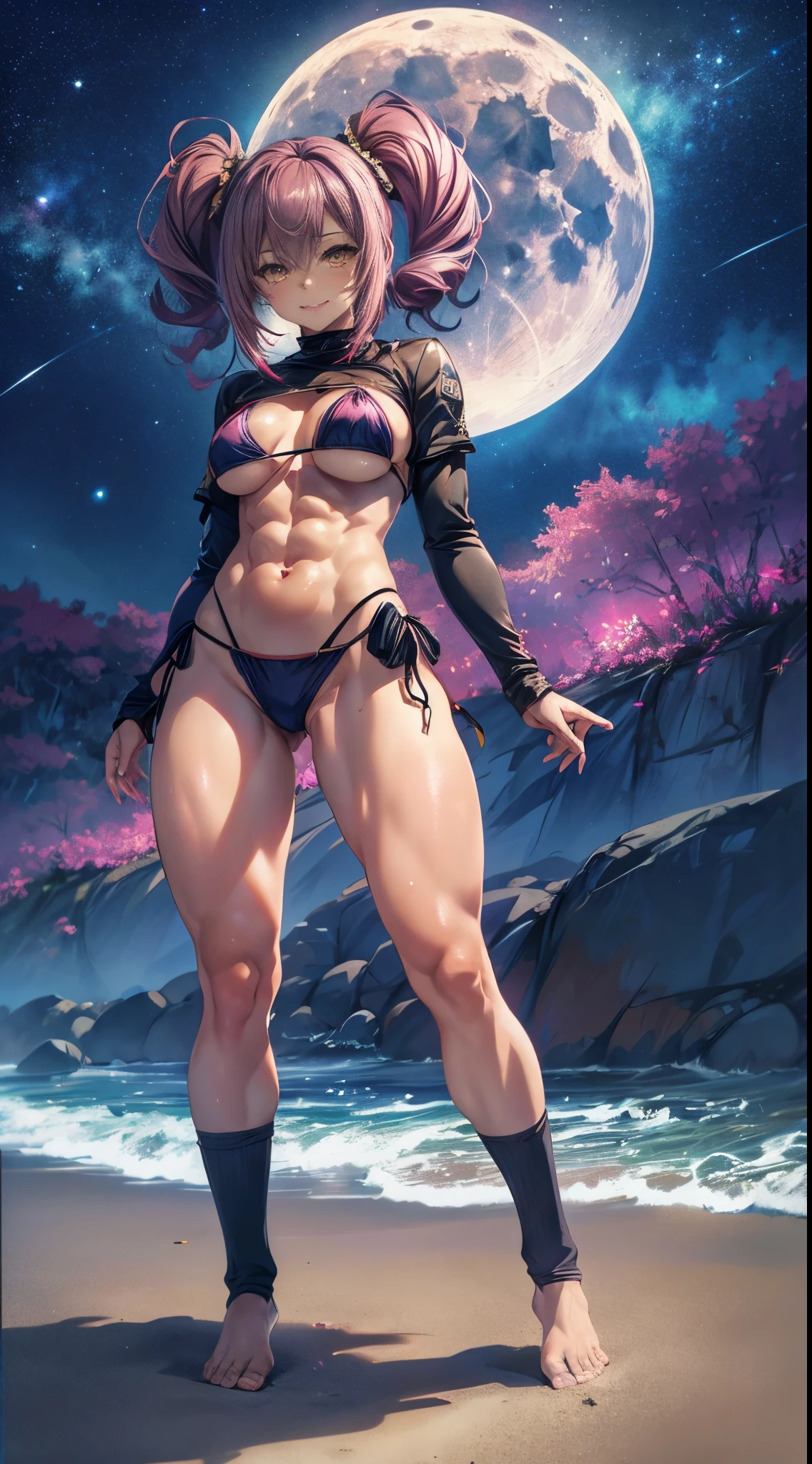 1 girl, (medium breasts))), (((wearing short bikini))), (magenta hair), (((bright yellow eyes))), slim arms, (on the beach at night with starry sky and full moon blood), (slim waist), (((muscular legs))), muscular belly, bare feet, (((showing big ass and looking down))), (full body photo), standing, (twintails ), long eyes, eye flare, bad mood, anime, anime style, ray tracing, glare, drop shadow, panorama, Sony FE, 8k, UDisk, masterpiece, accurate, anatomically correct, Super Detail, best quality, ultra high resolution, UDisk hard, 16k
