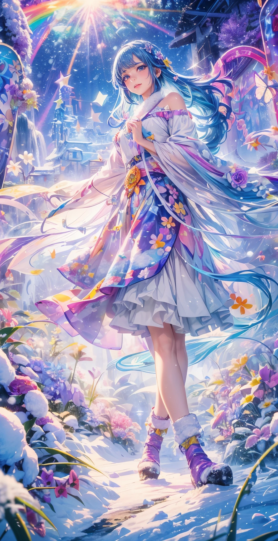 Melody Mark,top-quality、masutepiece、1womanl、独奏、(abstract art:1.4),(Psychedelia Theme:1.6),(Gunjo World:1.5),(Snow World:1.5),(Winter World:1.5),(At the center of the world is the most beautiful woman in the world),(many stars are falling:1.3),A ray of light spreads,Crystals spreading from the center,prisma(Nostalgic landscapes:1.5),(colorful flower:1.3),Garden Girl,gentle sunlight,Soft breeze,Delicate flowers,A rainbow-colored butterfly flaps its wings,Mesmerizing natural beauty,Fragments of Shining Stars,ice crystal,