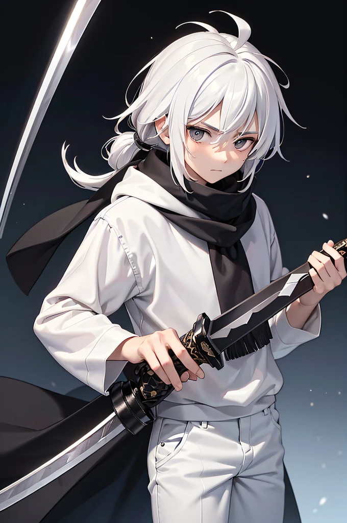 ((masterpiece,bestquality)),A young man with white hair., long, Messy hair was tied back., timid, Black doomsday style long sleeve shirt., bandana, and white trousers. Looks tired and lazy, Cold Page, Relaxed expression. white effect ((The weapon is a large sword.. The blade had a dark black aura..))