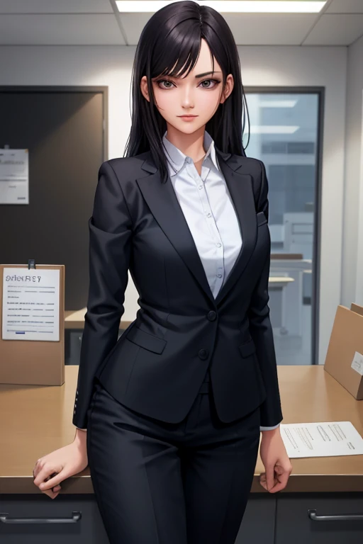 best quality, high resolution, different image, detailed background, woman, medium breasts, random wear, long black hair, inside the office, dutch angle, long release, dull look, sensual, respectable boss, wearing a business suit