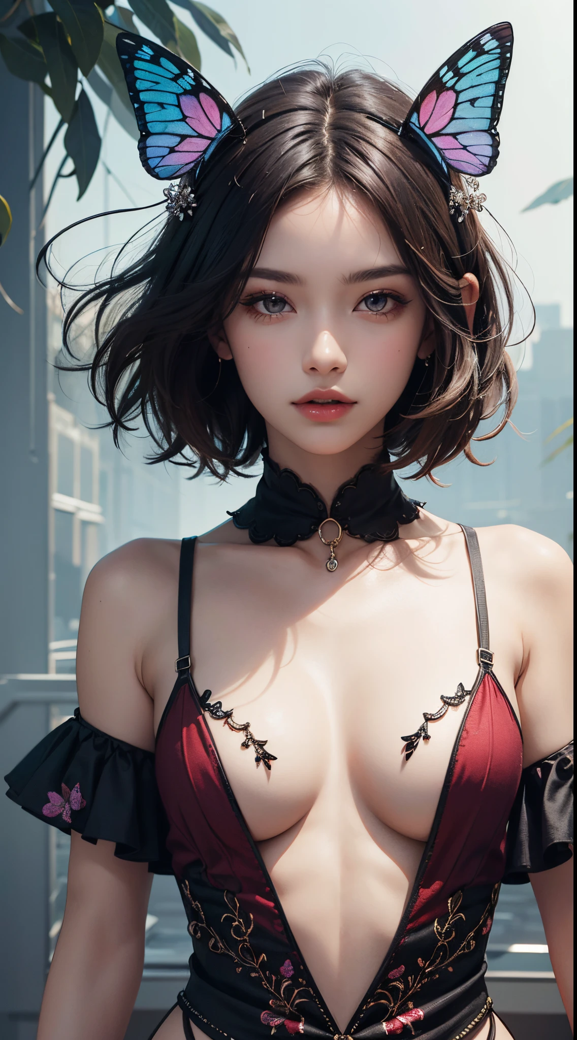 ((eye reflection)), butterfly hair ornament, UHD, retina, masterpiece, ccurate, anatomically correct, textured skin, super detail, high details, high quality, best quality, highres, 1080P, HD, 4K, 8k, 16k