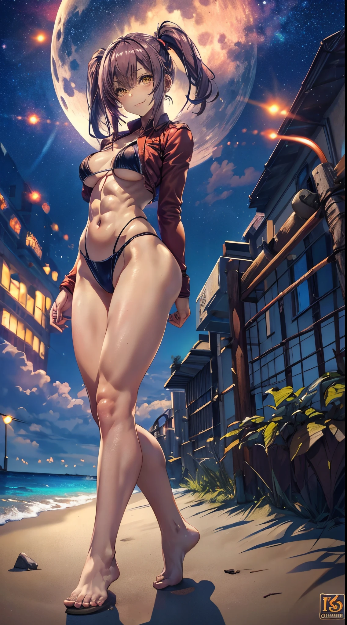 1 girl, (medium breasts))), (((wearing short bikini))), (magenta hair), (((bright yellow eyes))), slim arms, (on the beach at night with starry sky and full moon blood), (slim waist), (((muscular legs))), muscular belly, bare feet, (((showing big ass and looking down))), (full body photo), standing, (twintails ), long eyes, eye flare, bad mood, anime, anime style, ray tracing, glare, drop shadow, panorama, Sony FE, 8k, UDisk, masterpiece, accurate, anatomically correct, Super Detail, best quality, ultra high resolution, UDisk hard, 16k