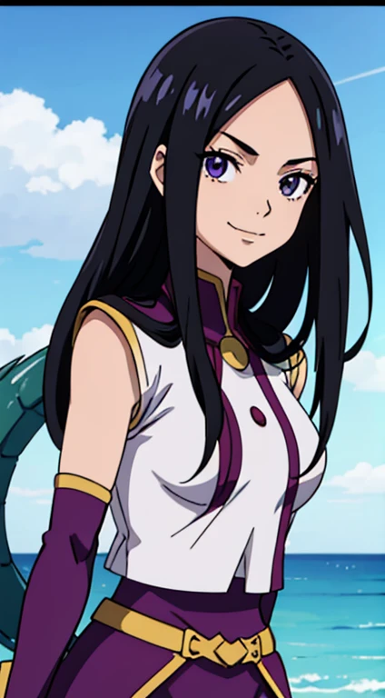 One girl with black hair, hair lenght until bust, straight hair, hair parted in center of head, round face. hairstyle with a center part, that the hair should be parted down the middle, creating a symmetrical look without any frontal hair covering the forehead. Fairy tail anime, fairg tail guild, dragon slayer magic. Happy, standing, purple outfit, smiling, smile. Happy.