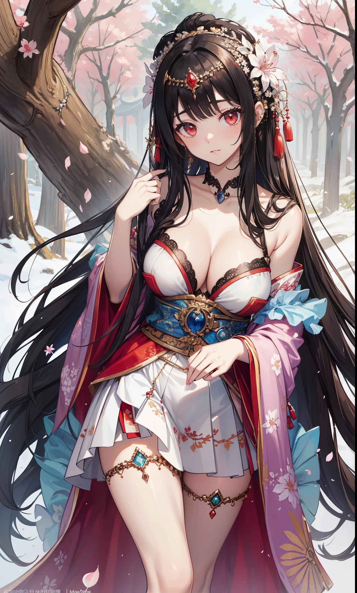(tmasterpiece:1.2),Atdan, 1 plump girl, Alone, Branch, blooming flower, jewely, a skirt, ear nipple ring, that tree, through bangs, Long gray hair, hair adornments, view the viewer, Chinese clothes, black hair color hair, hairflower, Brown hair, exposed bare shoulders, Very long hair, Wide sleeves, longer sleeves,Pale red eyes