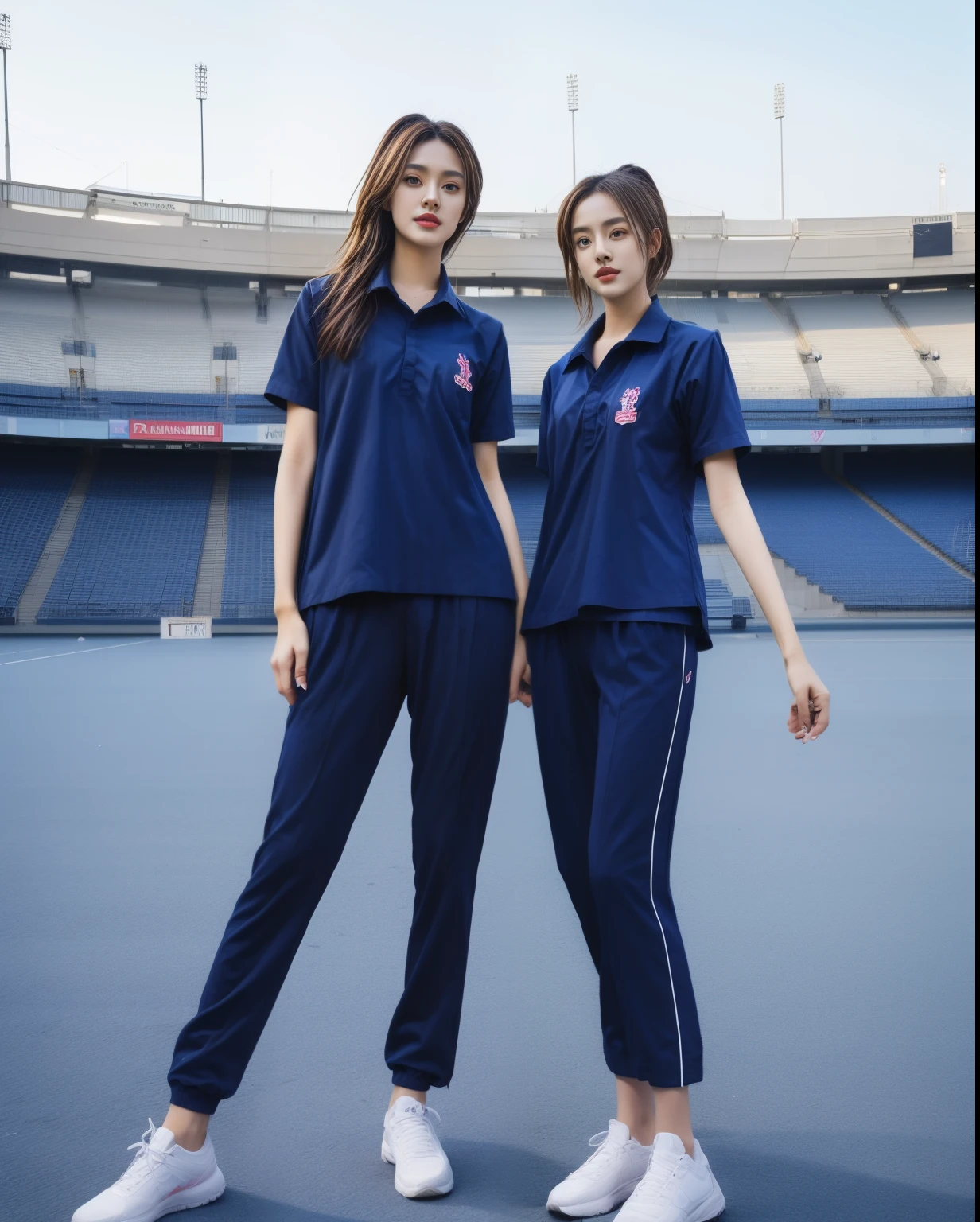 (bestquality,10,10,highres,masterpiece:1.2),ultra-detail,(Realistic,photorealistic portrait,photo-realistic:1.37),1 Cute girl in the football field,oily shiny skin,bara,light smile,BDclothes,((blue shirt:1.3)),short sleeves,shirt, trousers.,(navy_long_Pants Track:1.1), ((Stadium Background:1.3)),dynamic angle,excited,face focus,Dynamic Poses,from behide,Ass Focus,masterpiece, bestquality, ultra realistic, hyper-detail, 8k resolution, RAW photo, crisp focus, ((Navy blue shirt:1.1)), short sleeves, Long Path, Perfect body, 2 mature women, 18yo, cinematic light,Blue sweatpants,Gymware,Correct anatomy,Complete body, Correct body, sharp face, Anatomically correct body, full entire body, Realistic gestures, long-haired, Realistic poses,Wear long shorts..........................,Long leg span,Shapely,Sculpting Girl, Slender Figure, mannequin mannequins, Shapely, Beautiful body,Blue sweatpants, Two girls kissing