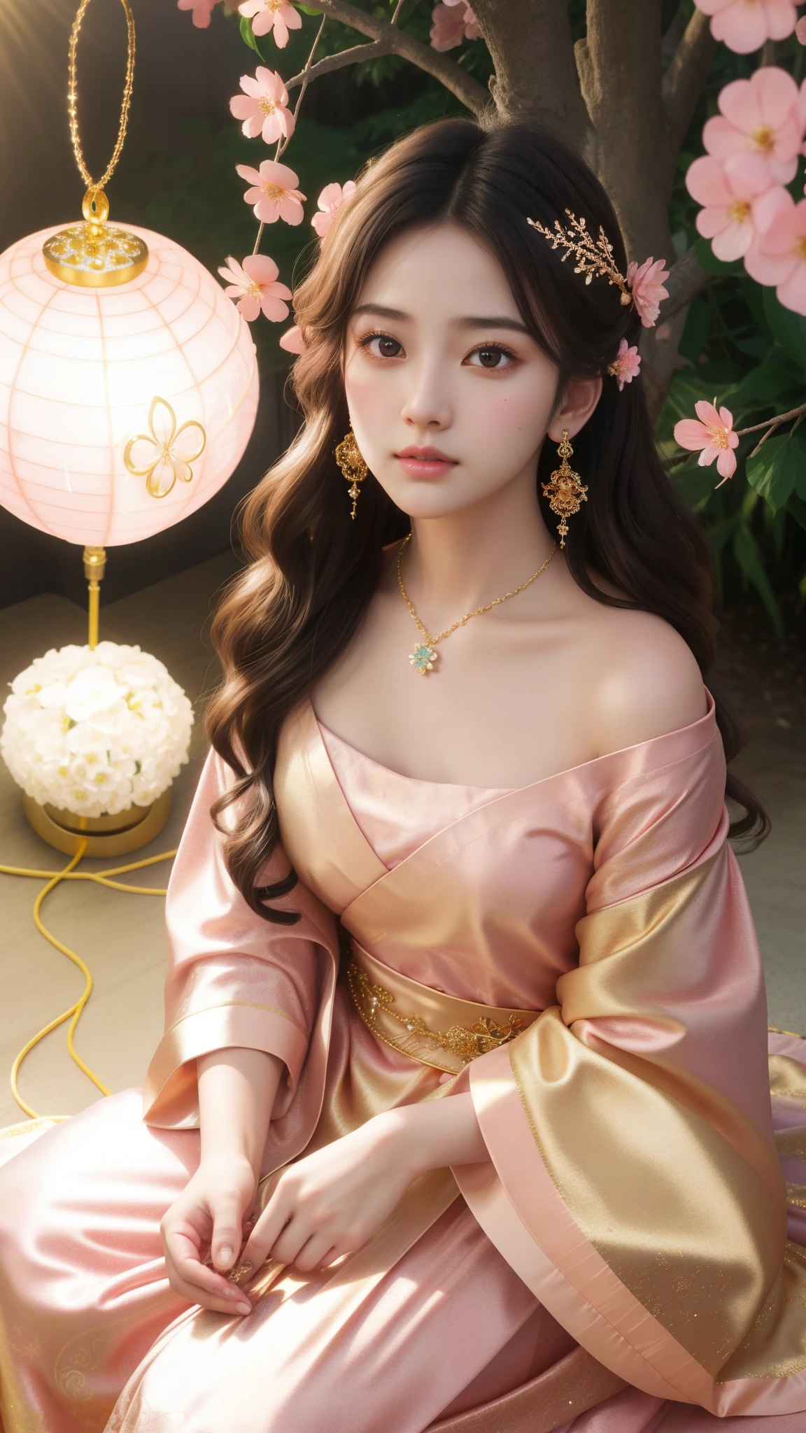 a girl, detailed hair, detailed eyes, shy, facial hair, clover hair ornament, jeweled branch of hourai, jewelry, light blush, light blush, musical note hair ornament, golden dress, princess dress, golden highlight, glowing light, ray tracing, bloom, chromatic aberration abuse, motion blur, 4K, UHD, masterpiece, sitting,