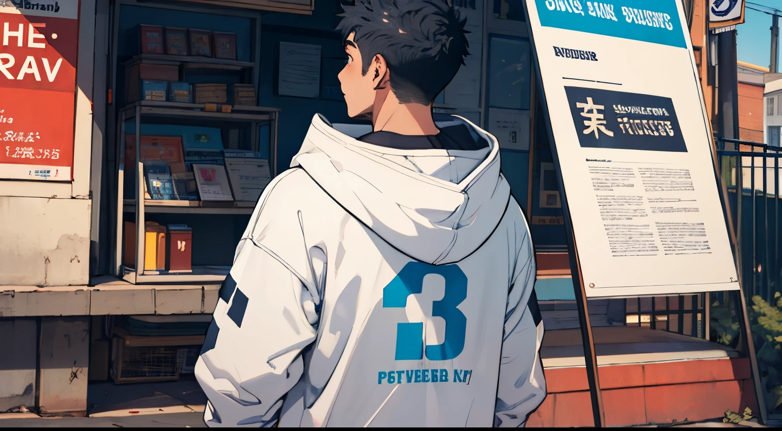comic style boy, Wearing a white hooded sweatshirt, Back Shadow