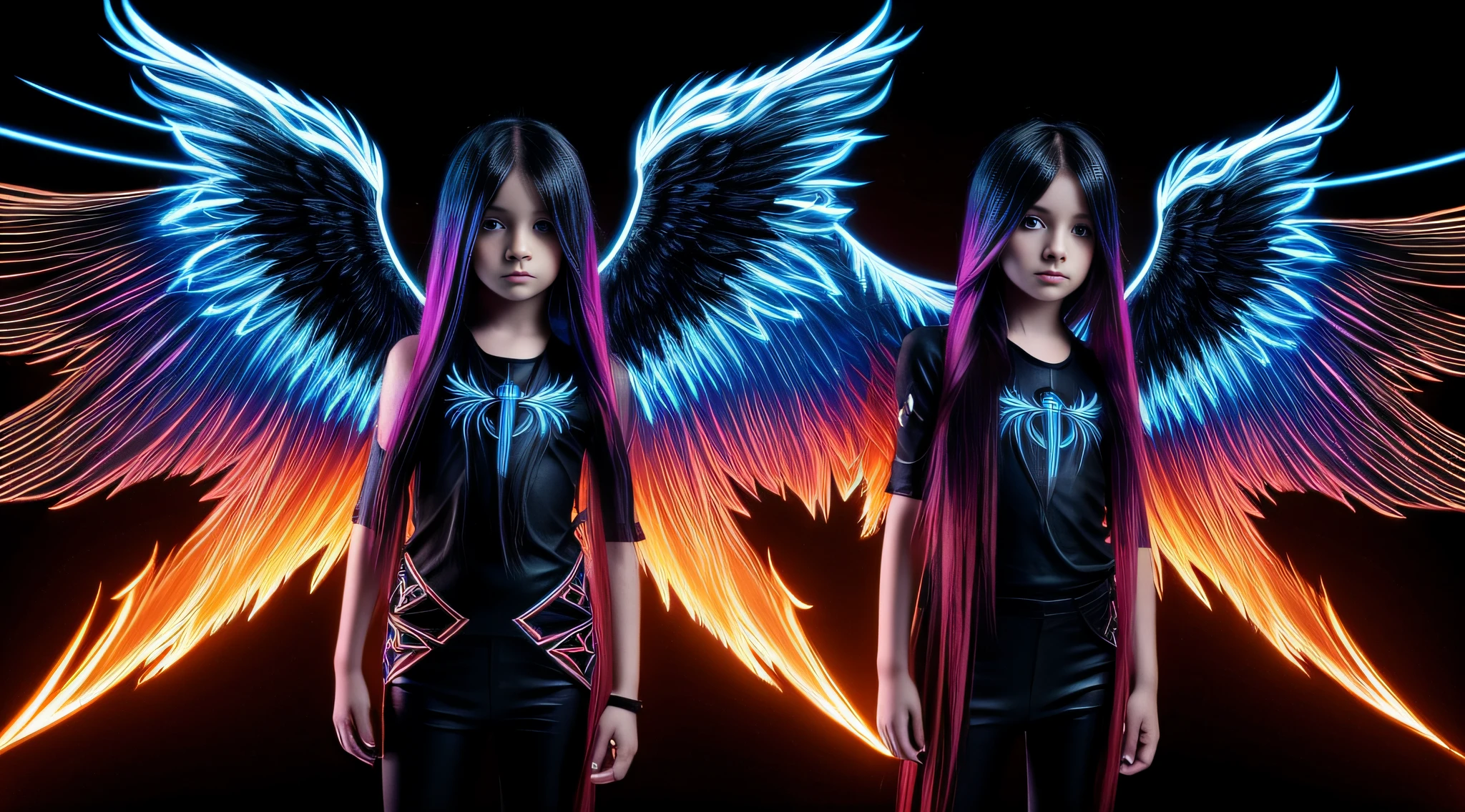FIREHAIR child girl LONG HAIR, com asas em um fundo branco, Asas pretas ligeiramente queimadas, Asas Negras, lasers azuis, fundo preto. neon cross,