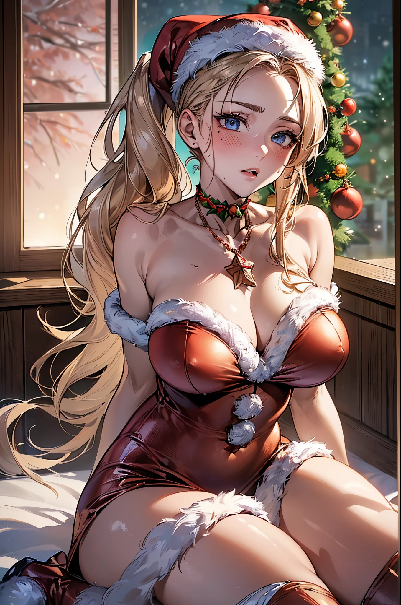 ((((perfect anatomy, super detailed skin)))), 1 girl, japanese, , shiny skin, watching the view,
beautiful hair, beautiful face, beautiful detailed eyes, (long hair:1.7, side ponytail:1.5), blond hair, blue eyes, mole under eye,
beautiful clavicle, beautiful body, beautiful chest, beautiful thigh, beautiful legs, babyface, me breasts, perfect body, gorgeous faces, seductive boobs, seductive thighs,
((wearing santa claus costume, symmetrical clothing, metallic red santa claus hat, metallic red santa claus dress, metallic red santa claus boots, bare shoulders), christmas necklace),
(embarrassed, blush), sitting, spread legs, (m legs), sweat,
(beautiful scenery), indoors, livingroom, (christmas tree:1.3),
(top-quality, masterpiece:1.2, extremely detailed), (photorealistic), beautiful illustration, cinematic lighting, (thigh focus, from below, view from forward:1.3),