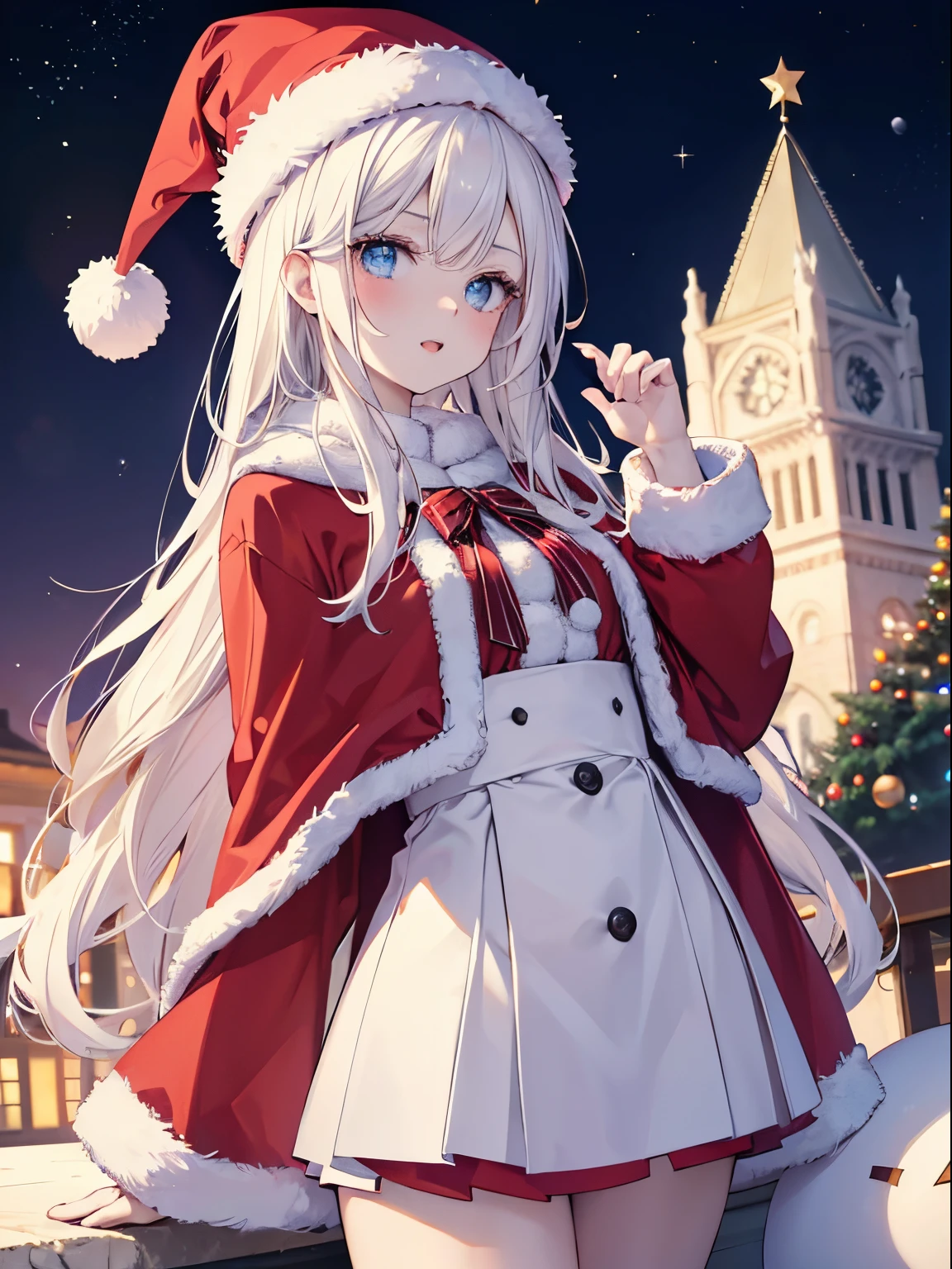 masutepiece, Highest Quality, (Perfect face:1.1), (high detailing:1.1), (ultradetailed eyes), Dramatic, superfine illustration, Extremely detailed, 1girl in, (pale skin), long white hair, Ethereal eyes, Blue eyes,tareme, (light eyebrow),blush,Solo, Smile, Open mouth,Pouty lips,Cinematic lighting, Looking at Viewer,Cowboy Shot, Christmas, Santa Claus costume, Santa Claus hat,Christmas tree, Christmas present, snowman