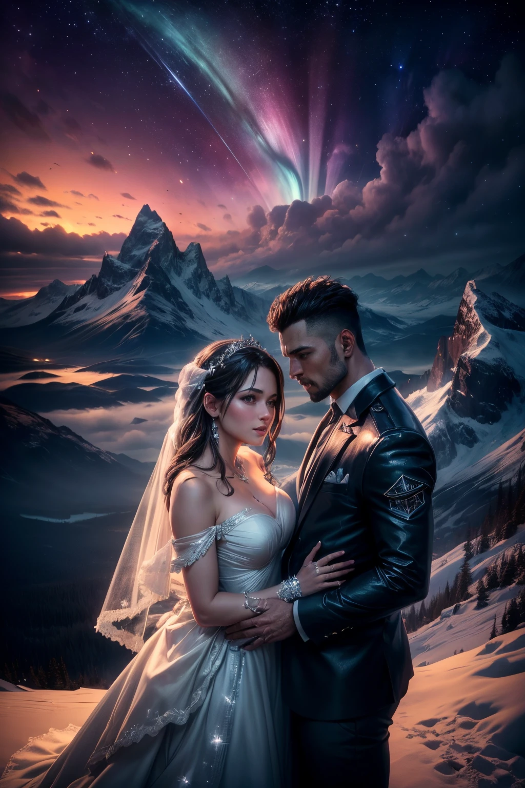 ((best quality, A high resolution, master part:1.2)), (Romantic), (Newlyweds:1),(sorriso feliz),delicate facial features, clear facial features, Detalhes otimizados,(Stargazing from the top of the mountain), (Espetacular aurora boreal), (vestido de noiva), (naipe), (estrelas brilhantes:1.5), Photo of romantic couple, cinematic Film still from, ,best quality,ultrahigh-resolution,high resolution,circunstanciado,Foto RAW,Sharp,cores ricas, texturas realistas ultrarrealistas, dramatic lighting, Foi um sucesso no ArtStation Cinestill 800 da Unreal Engine,