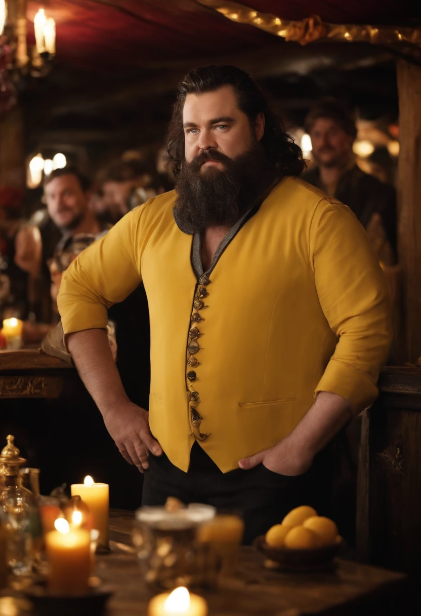 A photo of Robert at a bustling tavern, surrounded by lively patrons and colorful decorations,Game of Thrones TV series,Robert is fat, with thick black hair and beard streaked with grey, commonly wears black with yellow accents. Famously portrayed by Mark Addy, male