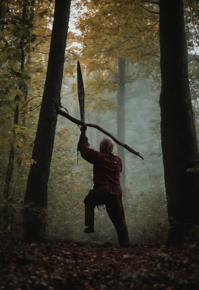 The image shows a bloodied pickaxe being raised high above a terrified victim tied to a tree in the woods.,Friday the 13th,jason vorhees, male