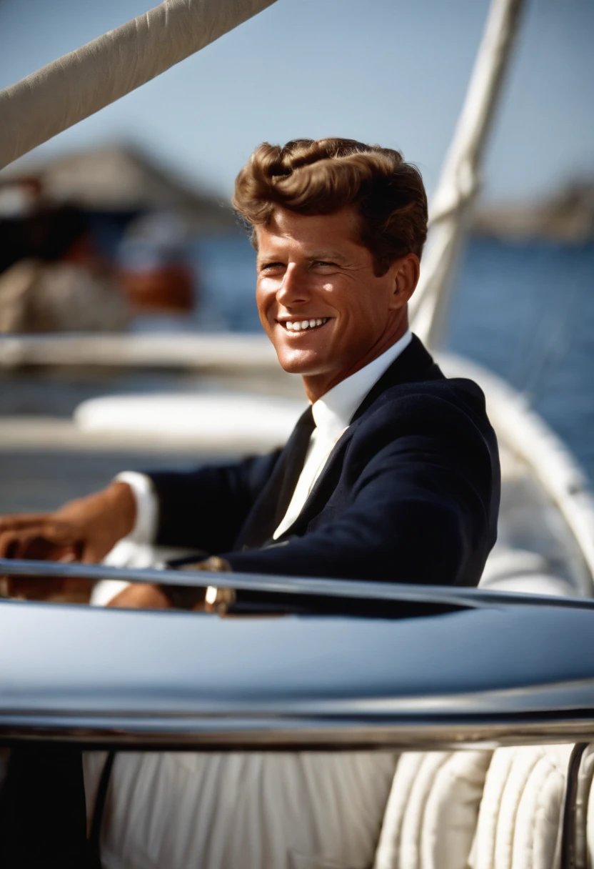 A photo of Kennedy enjoying a morning sail on a classic wooden yacht,original,John F. Kennedy, the 35th President of the United States, was renowned for his handsome, charismatic appearance, with his wavy hair, engaging smile, and a sense of style that exuded confidence and charm. His tailored suits and poised demeanor contributed to a public image of youthful vigor and sophistication., male