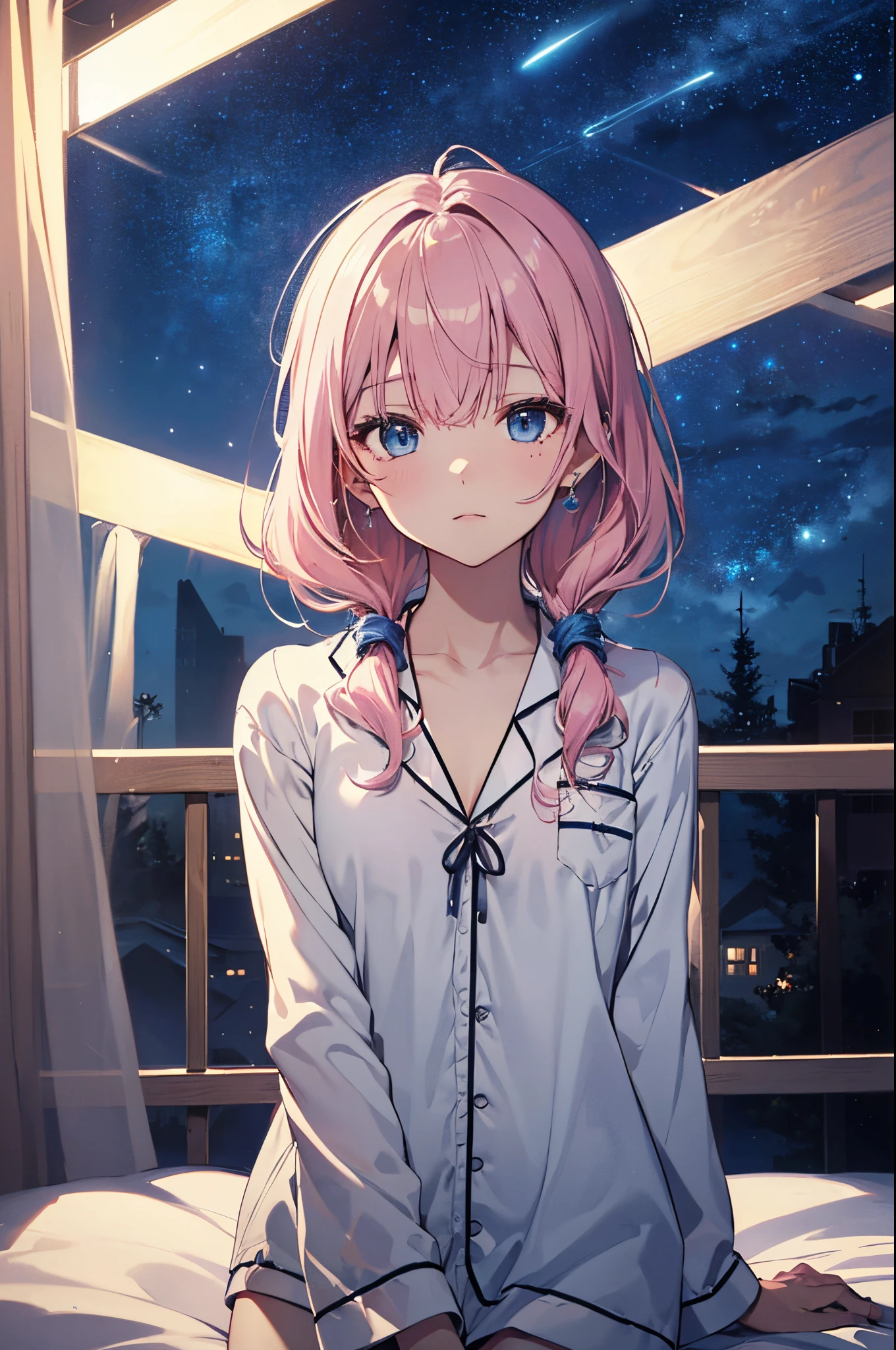 （Girl with a nasty appearance:1.3）、(Daytime:1.5)、(and chest:1.4)、Raw photography, top-quality, hight resolution, (​masterpiece), (Photorealsitic:1.4), (Mole under the eyes),Anime Cosplay, foco nítido, nffsw, 8K分辨率, intricate detailes, depth of fields, the Extremely Detailed CG Unity 8K Wallpapers, front lit, femele,25-years old、 Sleepy face,(tying  hair:1.5)、see -through、(Medium pink hair)、blue eyess,(Starry sky:1.5)、(s Pajamas:1.3)、(Full body depiction)