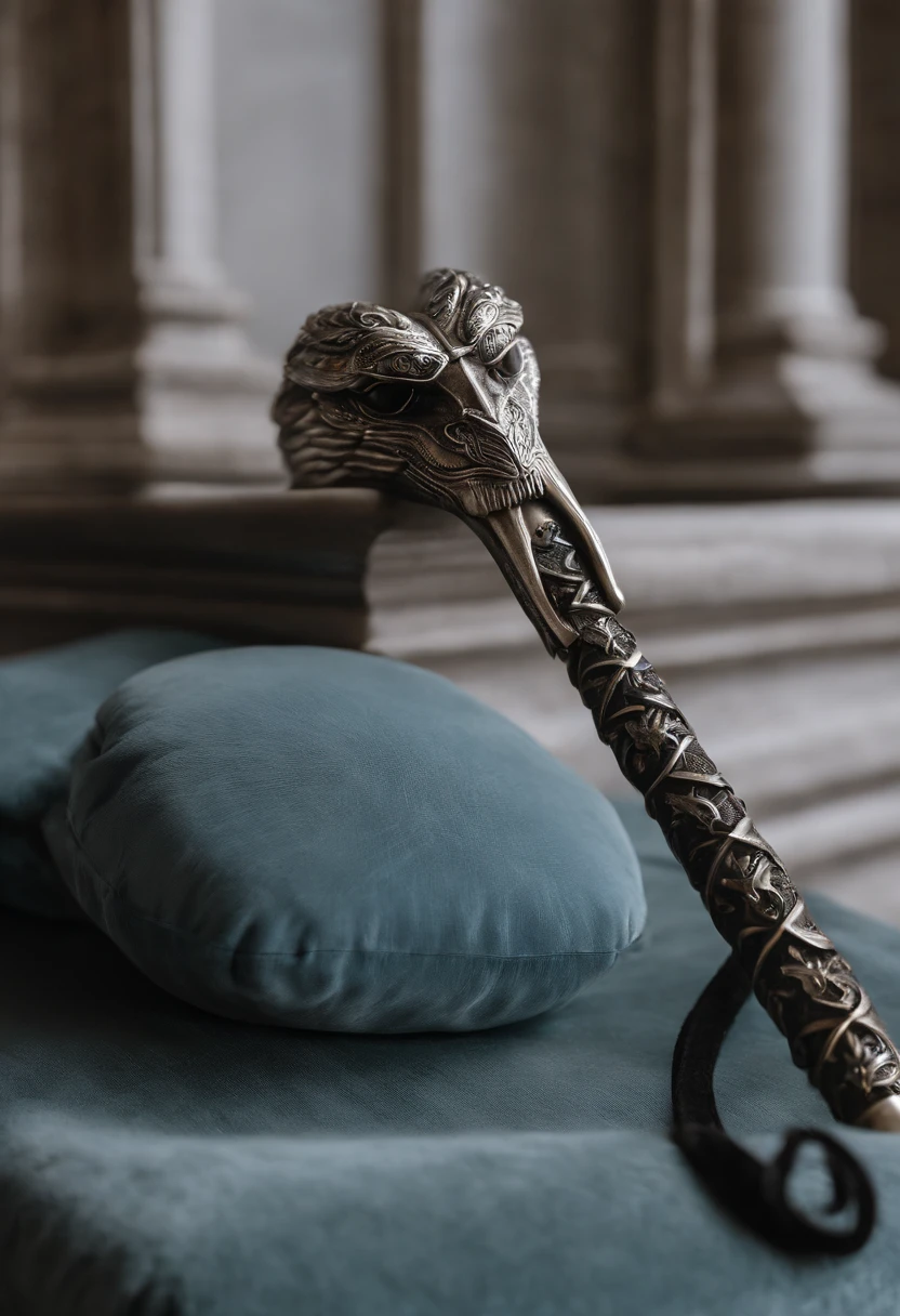 A handcrafted silver wand, adorned with exquisite ebony and a rare basilisk skin grip, resting elegantly on a plush velvet cushion in the ornate wand room of the Malfoy Manor.,Harry Potter and the Chamber of Secrets,Lucius is tall with long straight blonde hair, icy blue eyes, wears black suits and robes, carries a walking stick with a silver snake head at the top. Famously portrayed by Jason Isaacs, male