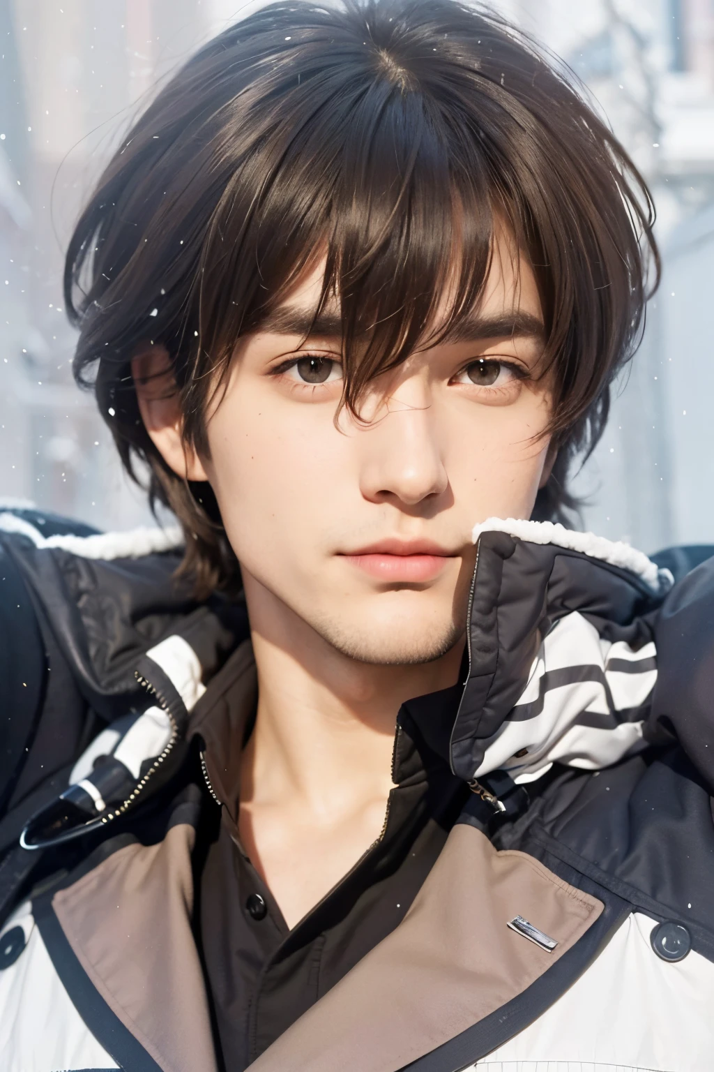 A realistic brown haired man,(same realistic hairstyle), realistic handsome face, realistic cool expression, Adapt the same realistic clothes, realistic light, realistic shadows, realistic backgrounds, realistic snow, good image quality, very good image results, 4k, ultra detailed, realistic